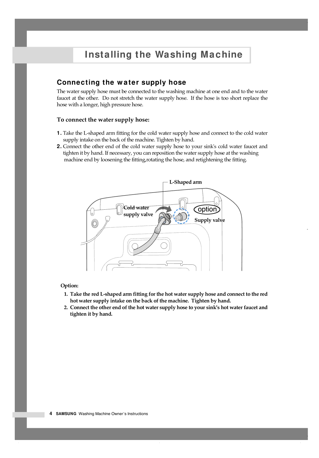 Samsung H1245A H1290A manual Connecting the water supply hose, To connect the water supply hose 