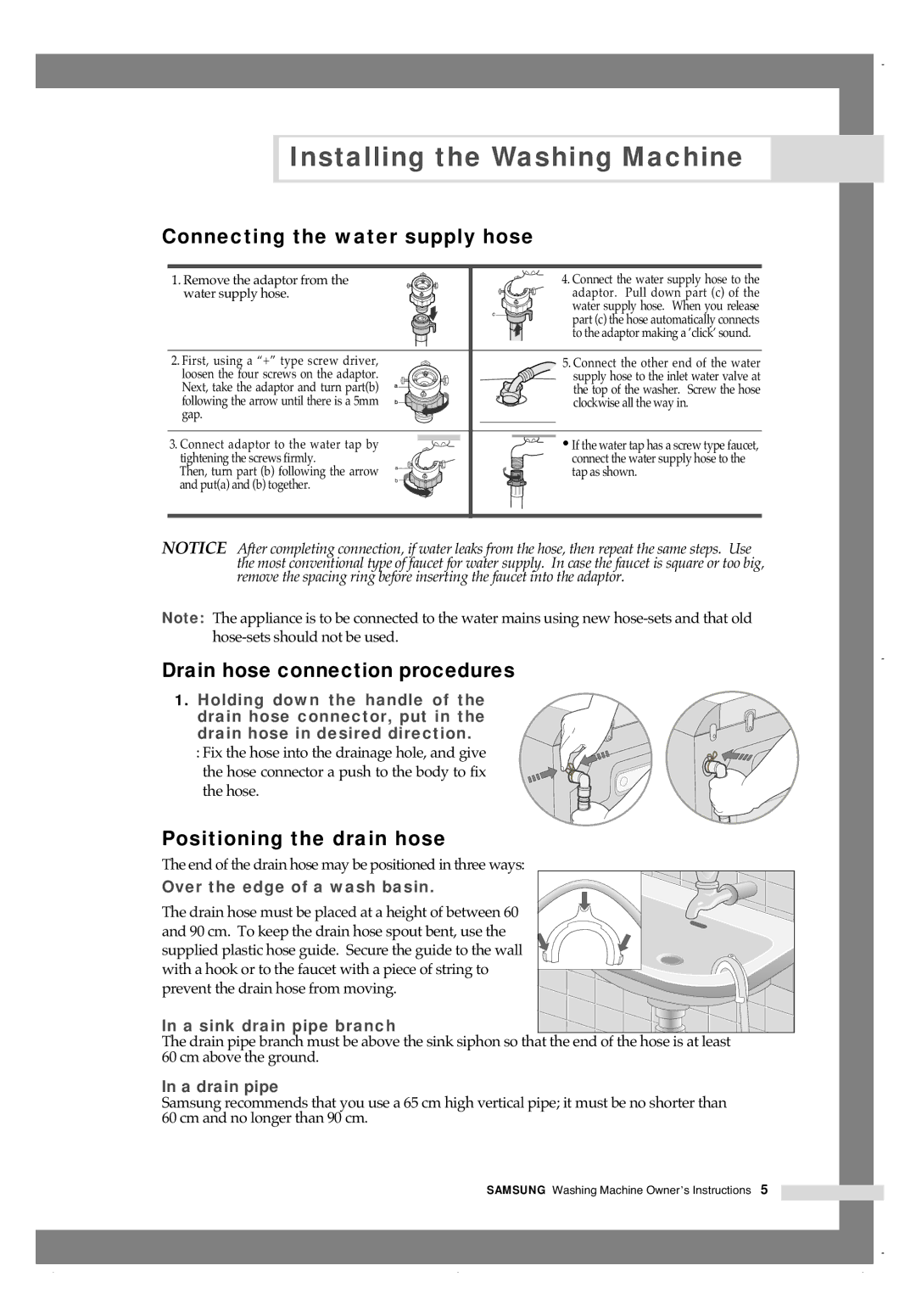 Samsung H1245A H1290A manual Drain hose connection procedures, Positioning the drain hose 