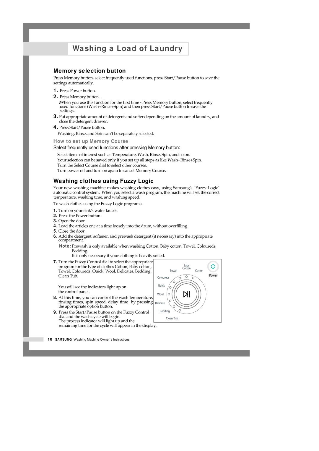 Samsung H1245AES-XSV, H1245AES/XSV, H1245AGS-XSP manual Memory selection button, Washing clothes using Fuzzy Logic 