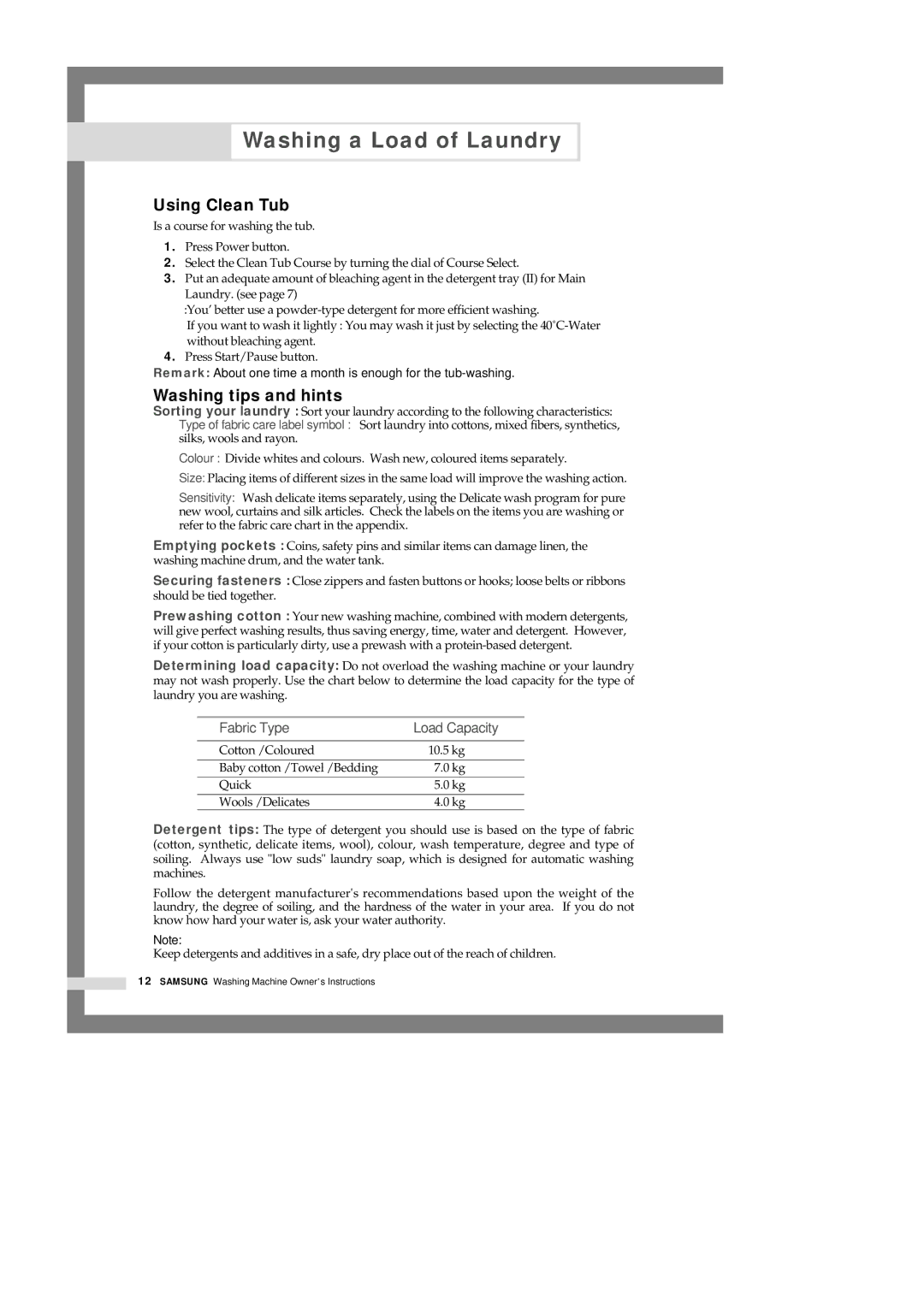 Samsung H1245AGS-XSP, H1245AES-XSV, H1245AES/XSV manual Using Clean Tub, Washing tips and hints 