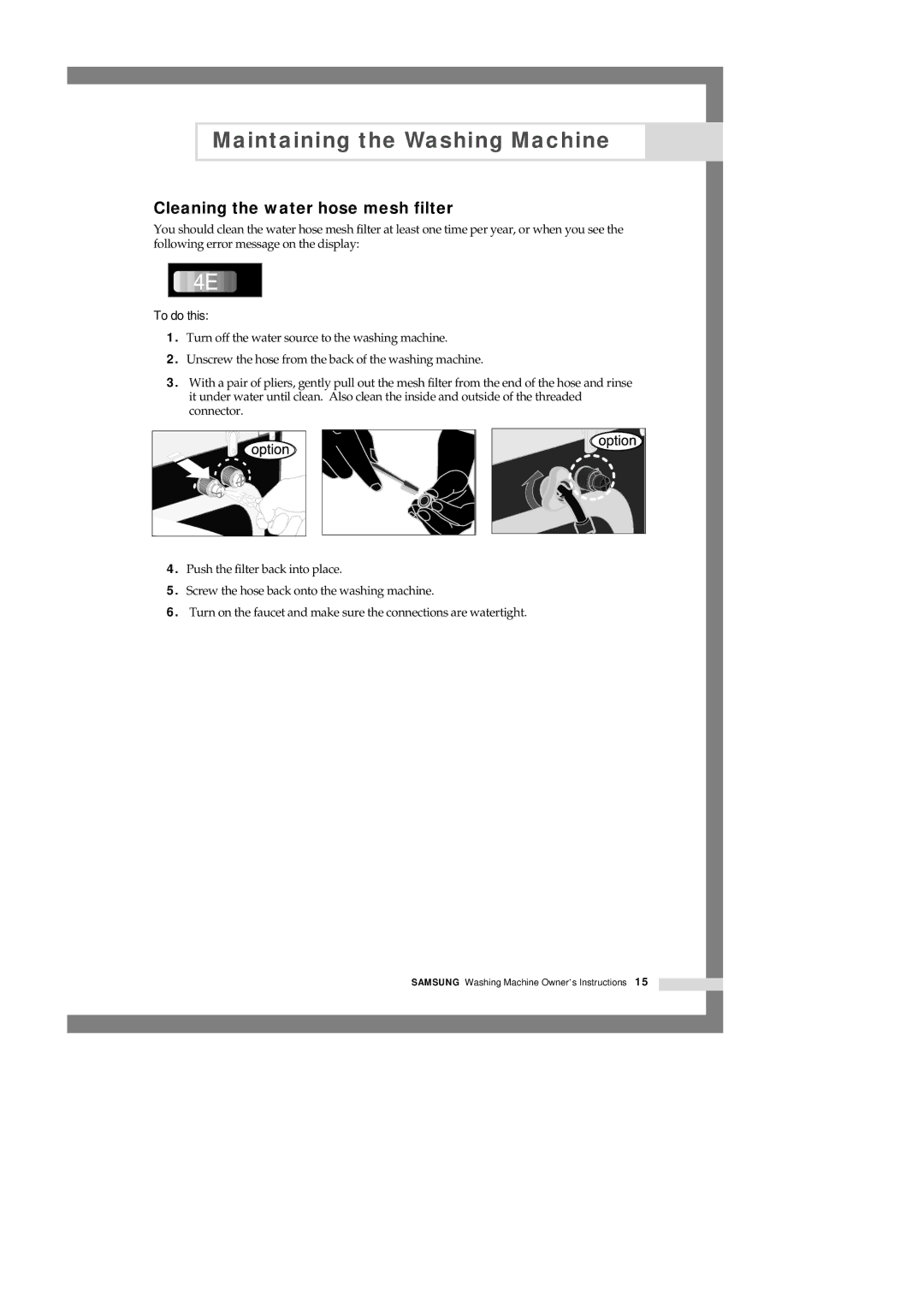 Samsung H1245AGS-XSP, H1245AES-XSV, H1245AES/XSV manual Cleaning the water hose mesh filter, To do this 