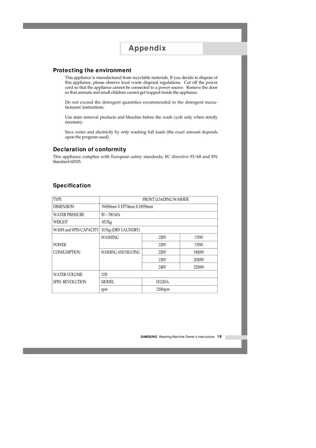 Samsung H1245AES-XSV, H1245AES/XSV, H1245AGS-XSP manual Protecting the environment, Declaration of conformity, Specification 