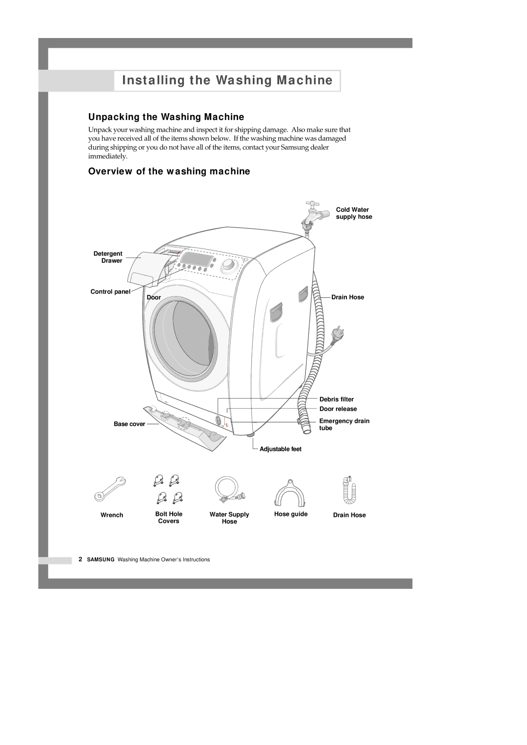 Samsung H1245AES/XSV manual Installing the Washing Machine, Unpacking the Washing Machine, Overview of the washing machine 