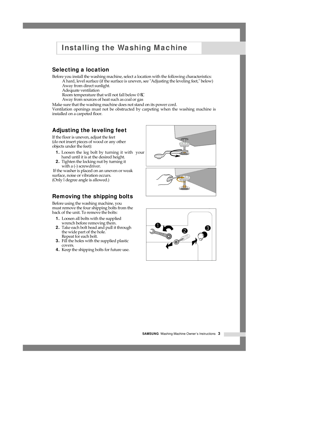 Samsung H1245AGS-XSP, H1245AES-XSV manual Selecting a location, Adjusting the leveling feet, Removing the shipping bolts 