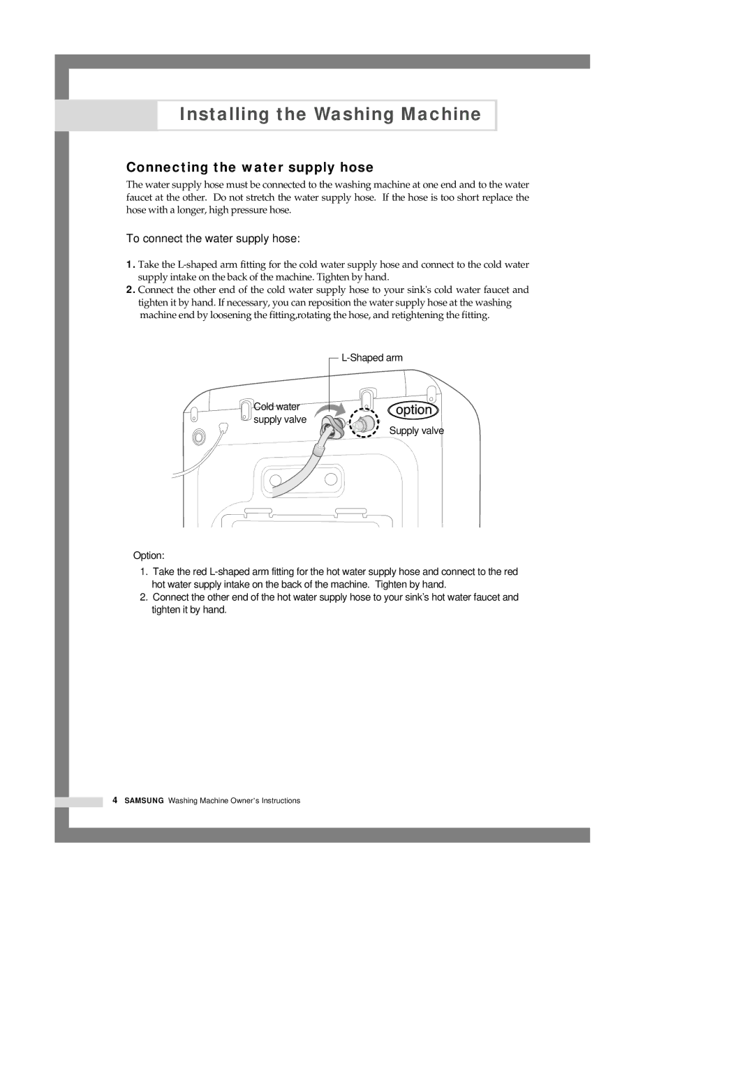 Samsung H1245AES-XSV, H1245AES/XSV, H1245AGS-XSP manual Connecting the water supply hose, To connect the water supply hose 