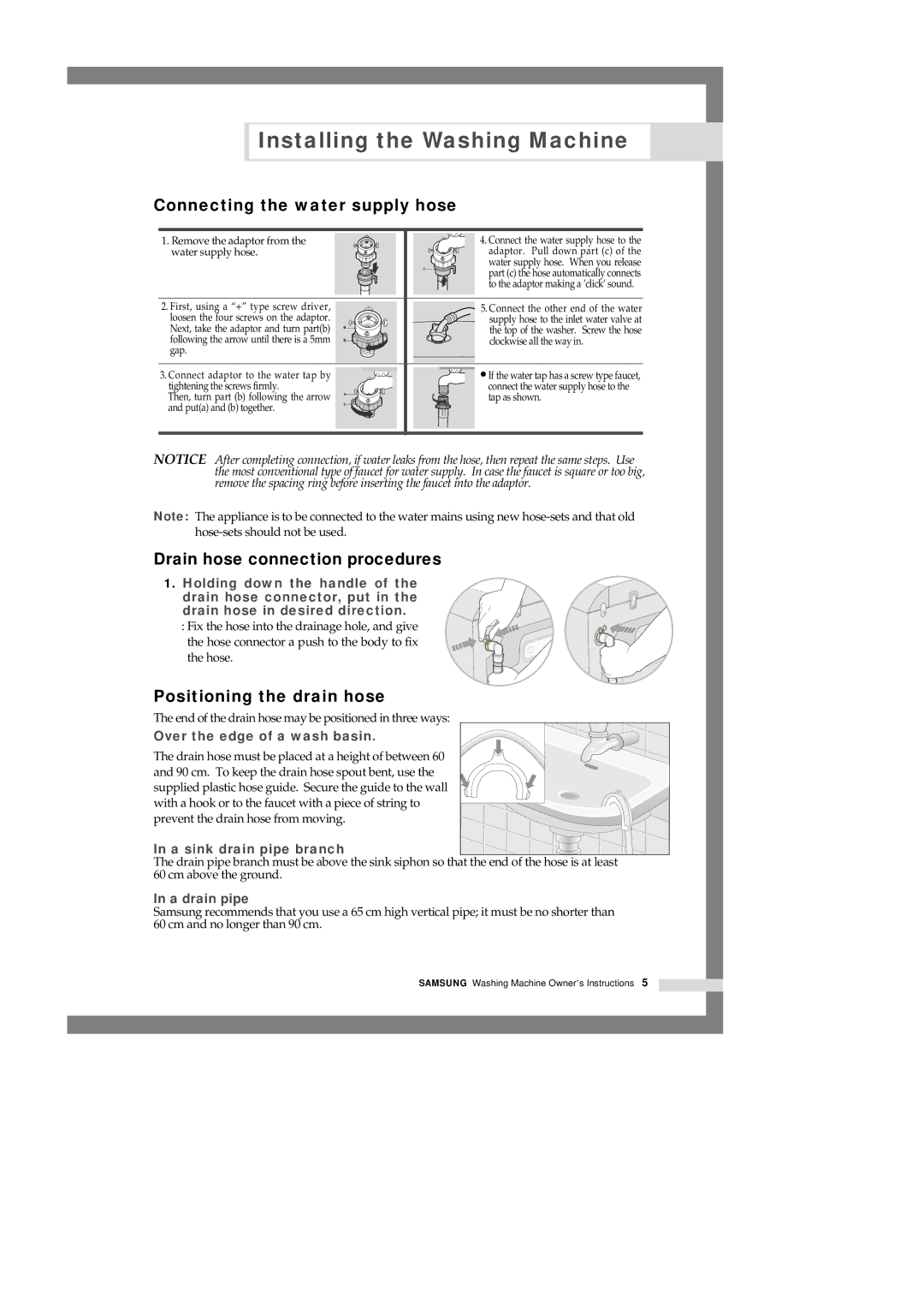 Samsung H1245AES/XSV, H1245AES-XSV, H1245AGS-XSP manual Drain hose connection procedures, Positioning the drain hose 