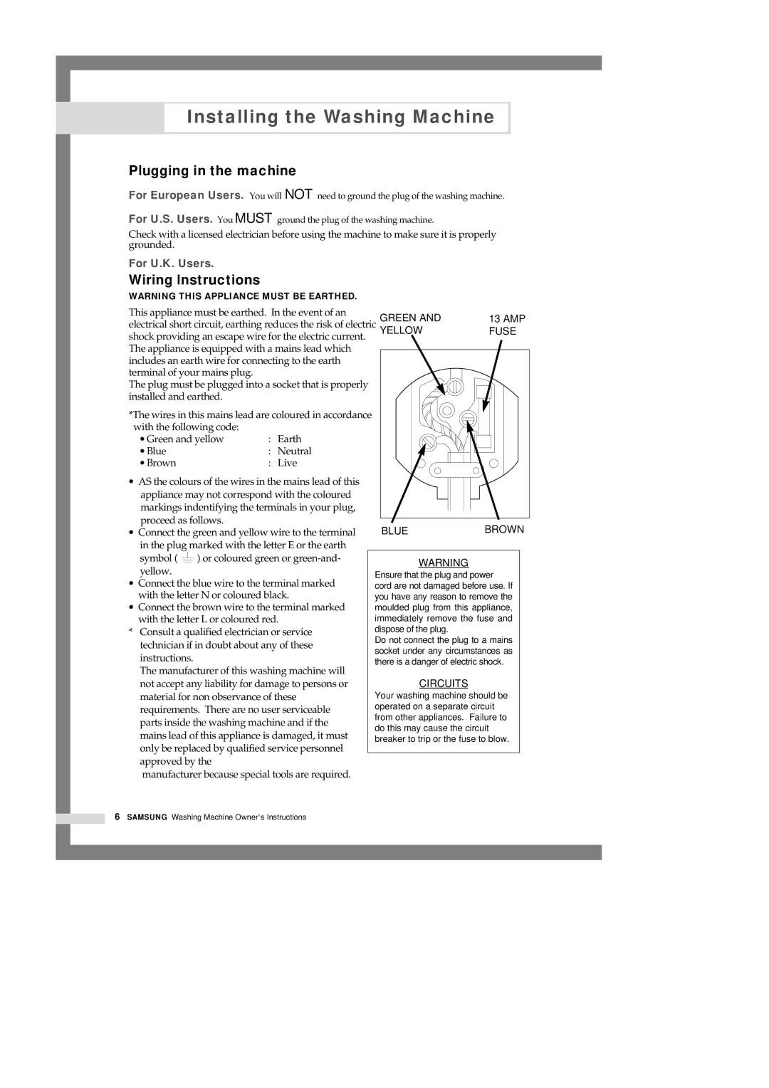 Samsung H1245AGS-XSP, H1245AES-XSV, H1245AES/XSV manual Plugging in the machine, Wiring lnstructions 