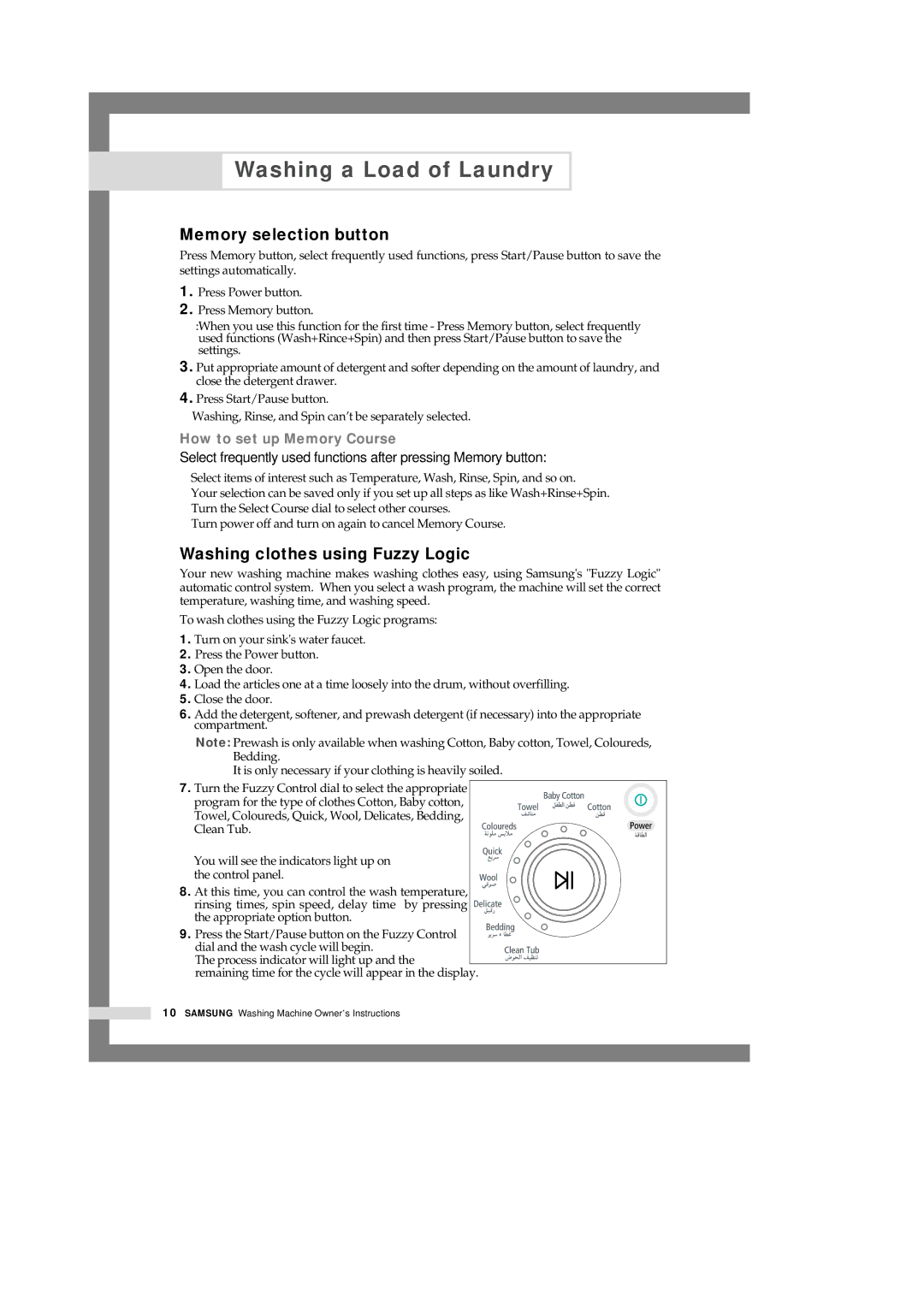 Samsung H1245AFS-YL, H1245AES/XSG, H1245AFS/YL manual Memory selection button, Washing clothes using Fuzzy Logic 