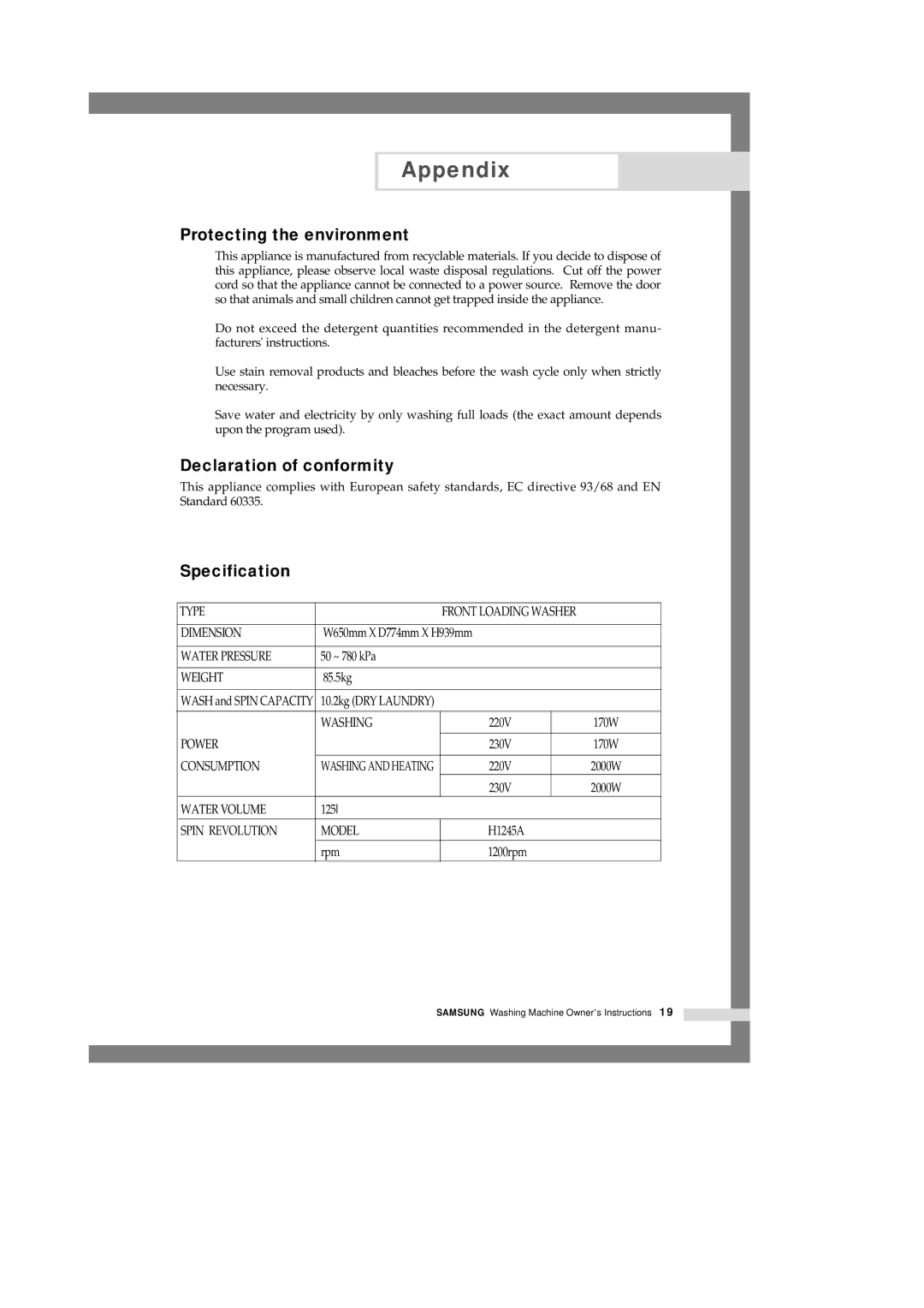 Samsung H1245AFS-YL, H1245AES/XSG, H1245AFS/YL manual Protecting the environment, Declaration of conformity, Specification 