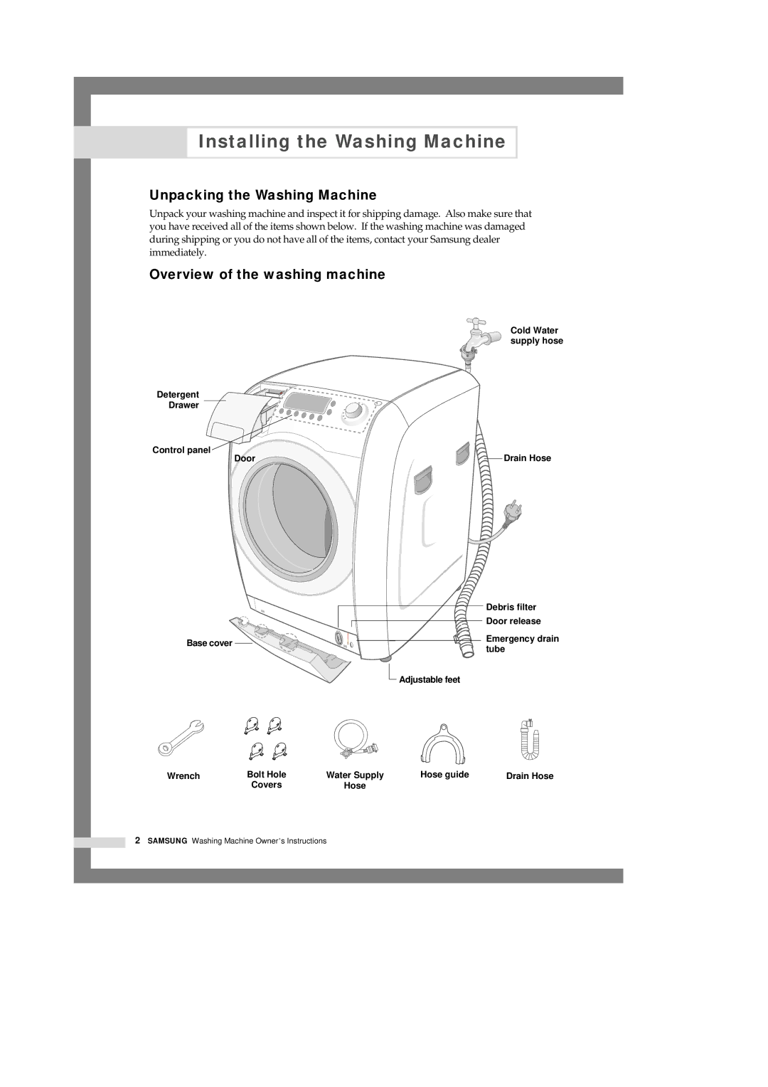 Samsung H1245AES/XSG manual Installing the Washing Machine, Unpacking the Washing Machine, Overview of the washing machine 