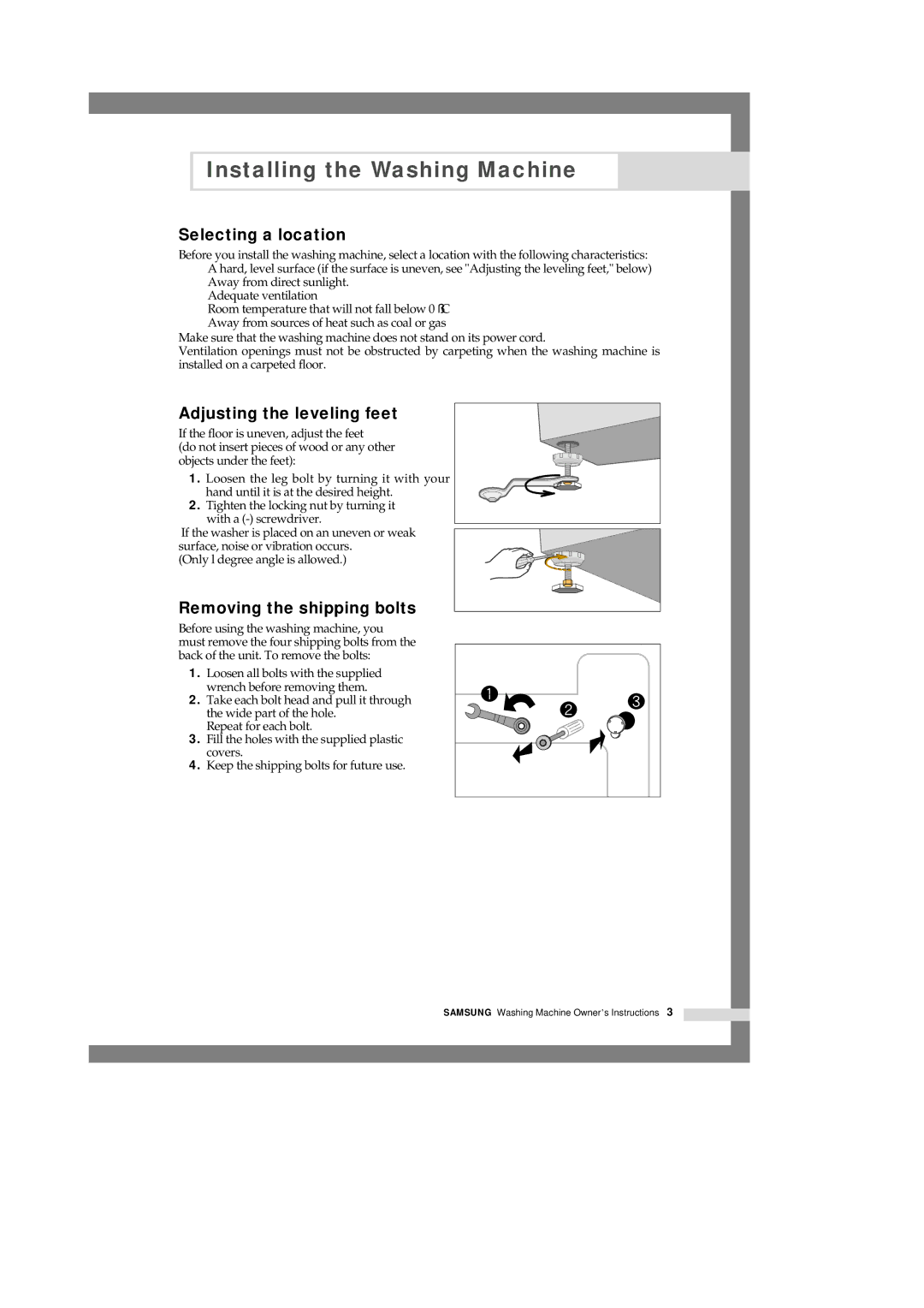 Samsung H1245AFS/YL, H1245AFS-YL manual Selecting a location, Adjusting the leveling feet, Removing the shipping bolts 