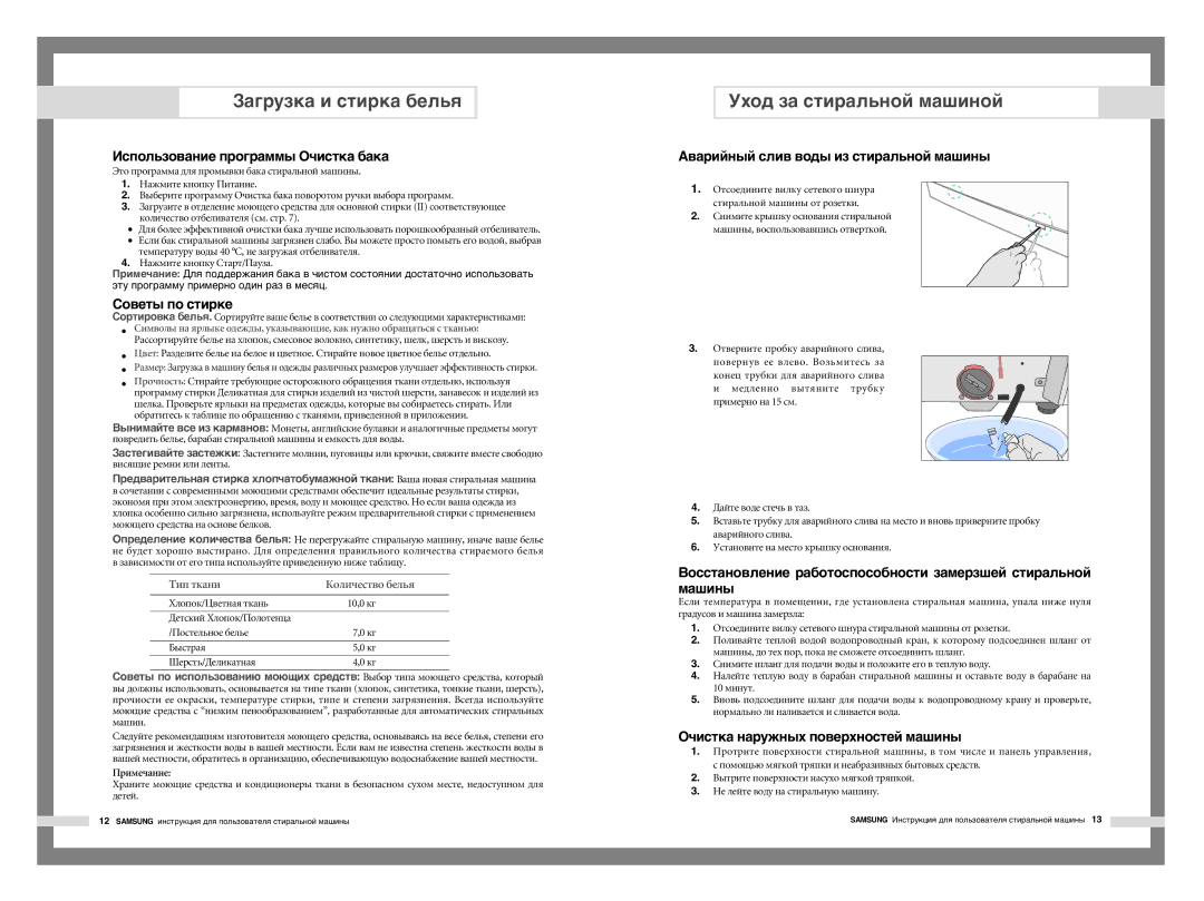 Samsung H1245AES/XST, H1245AGS-YLP manual Уход за стиральной машиной, Использование программы Очистка бака, Советы по стирке 