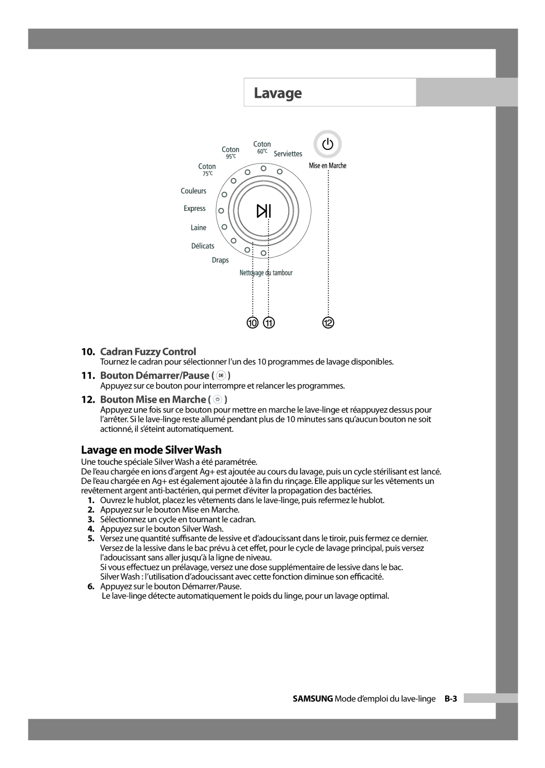 Samsung H1255AGS/XEU manual Lavage en mode Silver Wash, Cadran Fuzzy Control, Bouton Démarrer/Pause, Bouton Mise en Marche 