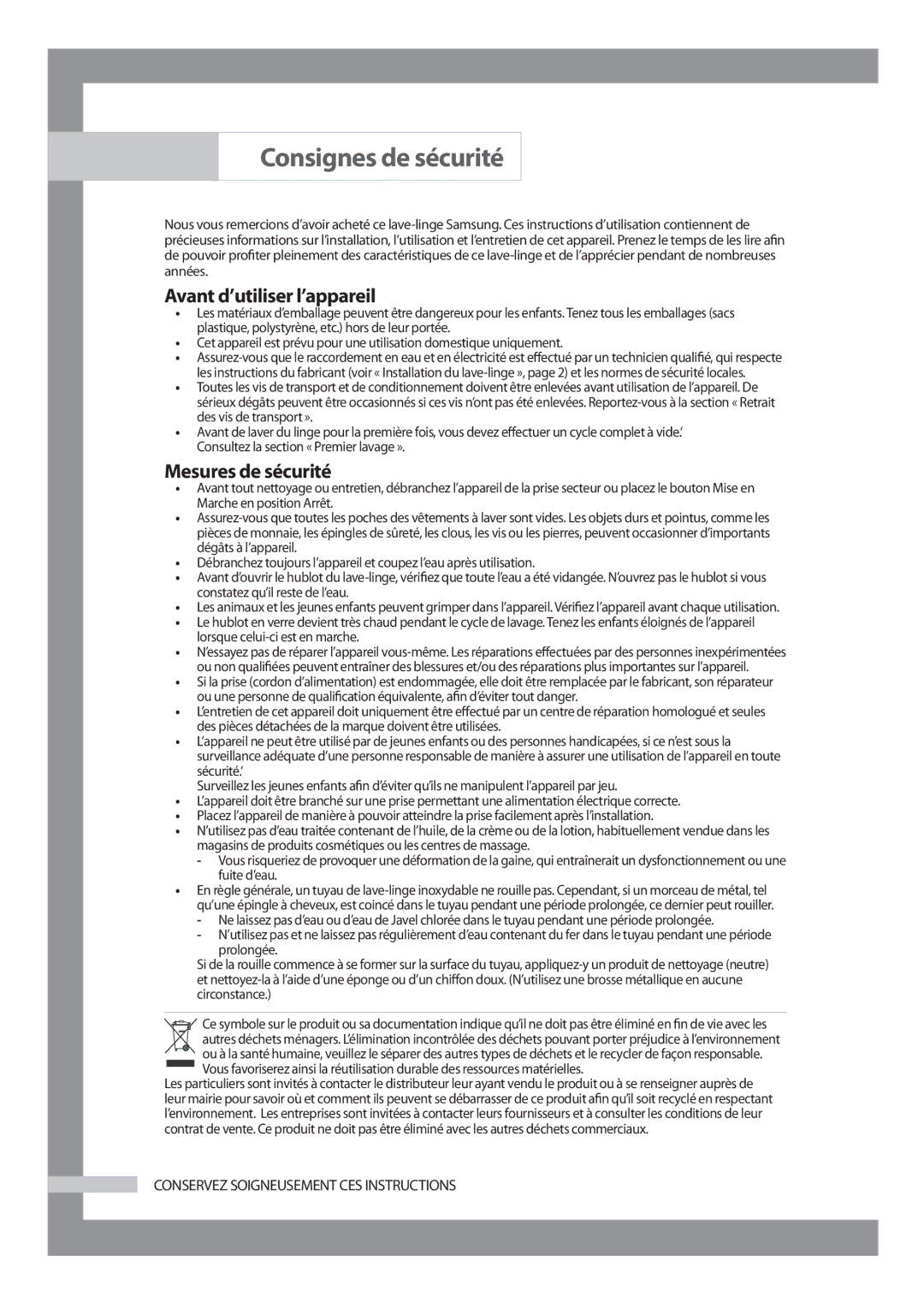 Samsung H1255AGS/XEF, H1255AGS/XEU manual Consignes de sécurité, Avant d’utiliser l’appareil, Mesures de sécurité 