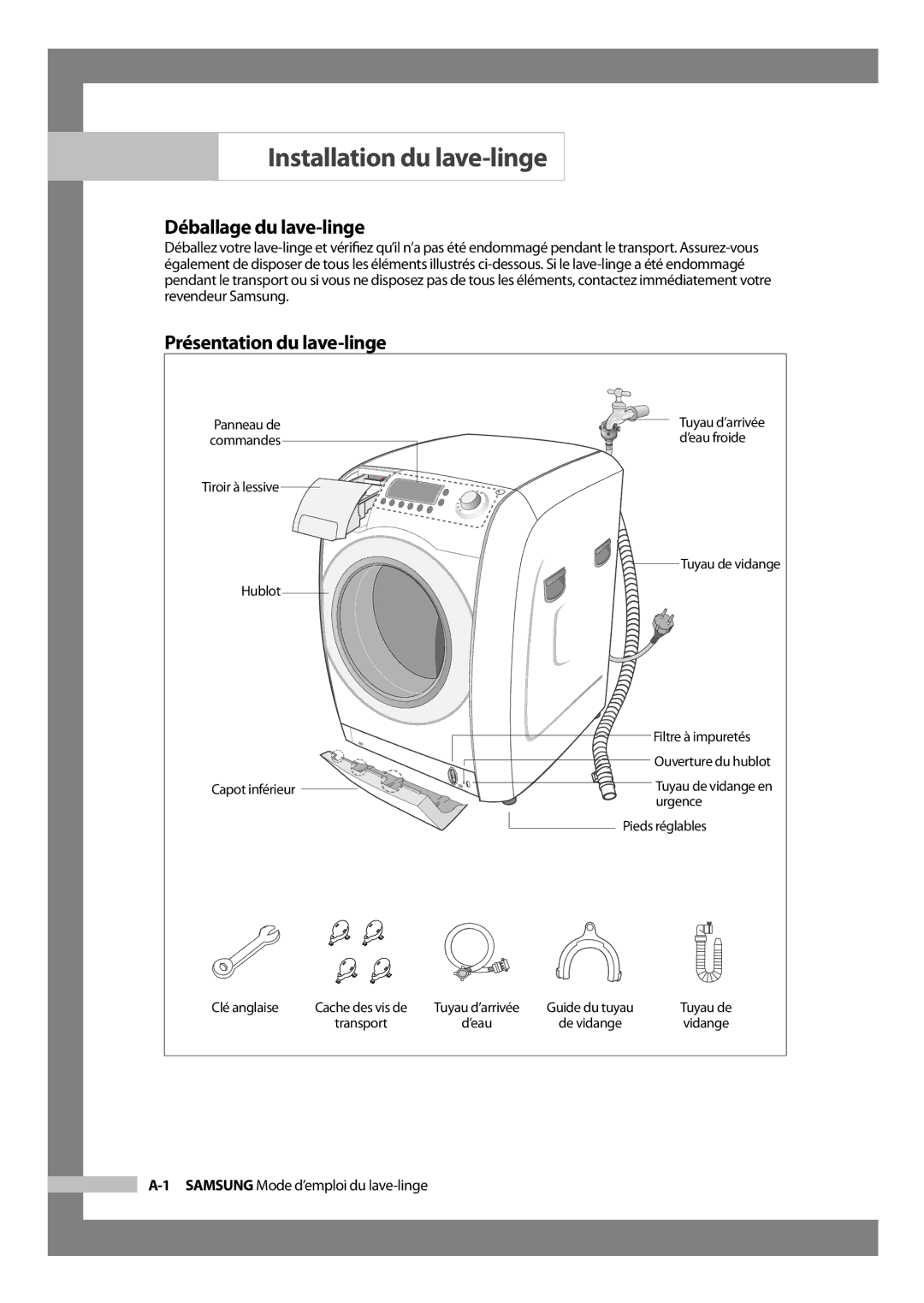 Samsung H1255AGS/XEF, H1255AGS/XEU manual Installation du lave-linge, Déballage du lave-linge, Présentation du lave-linge 