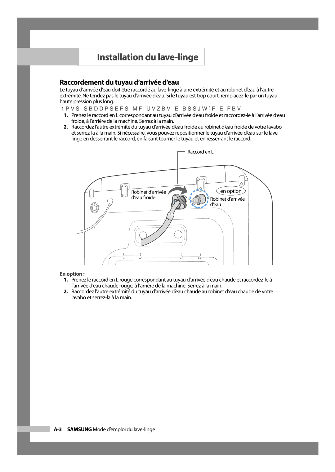 Samsung H1255AGS/XEF manual Raccordement du tuyau d’arrivée d’eau, Pour raccorder le tuyau d’arrivée d’eau, En option 