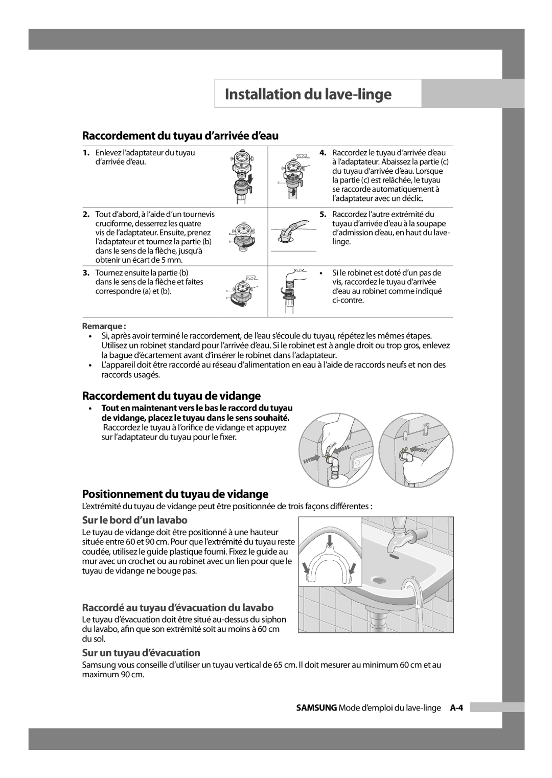 Samsung H1255AGS/XEU manual Raccordement du tuyau de vidange, Positionnement du tuyau de vidange, Sur le bord d’un lavabo 