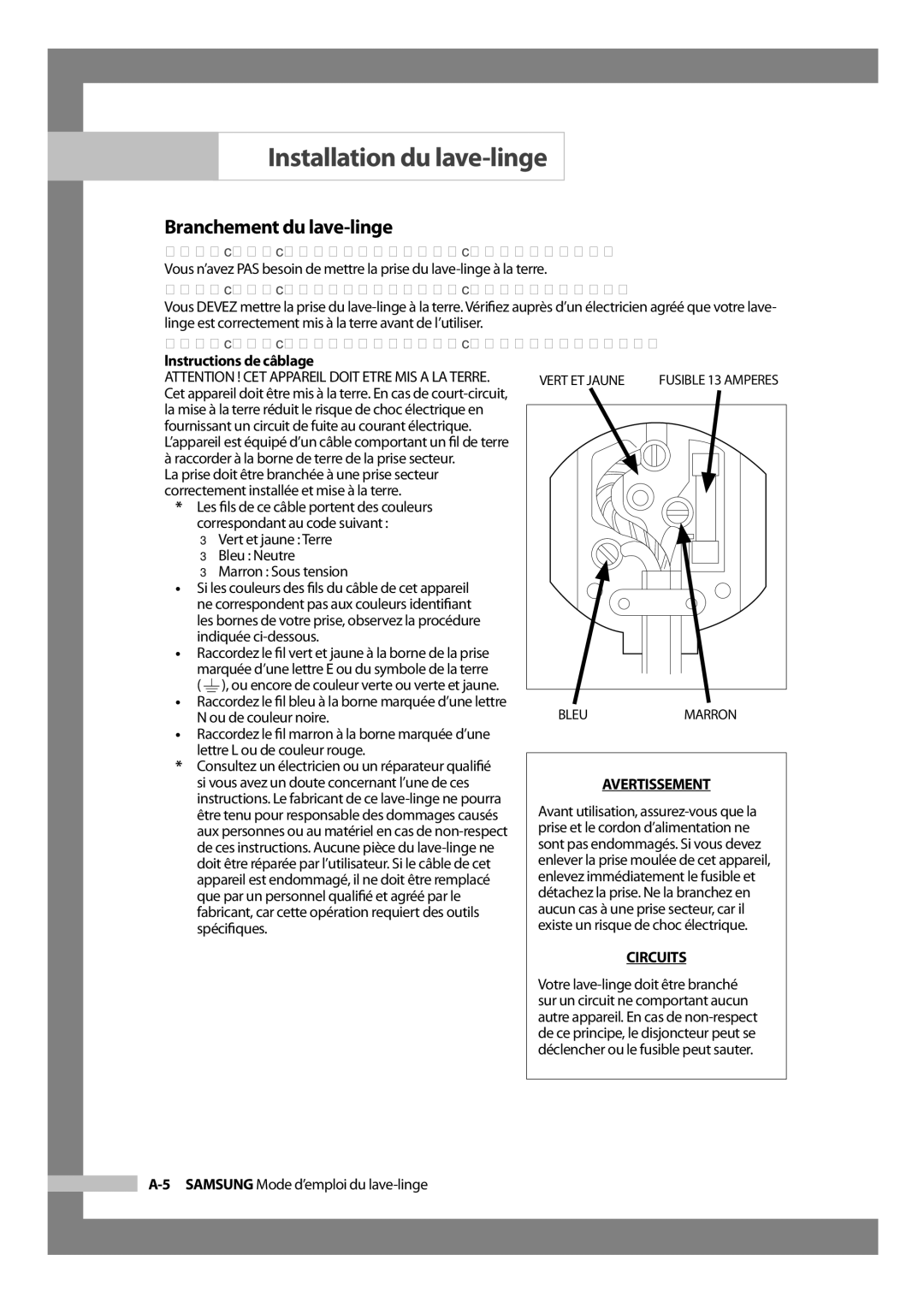 Samsung H1255AGS/XEF manual Branchement du lave-linge, Pour les utilisateurs européens, Pour les utilisateurs américains 