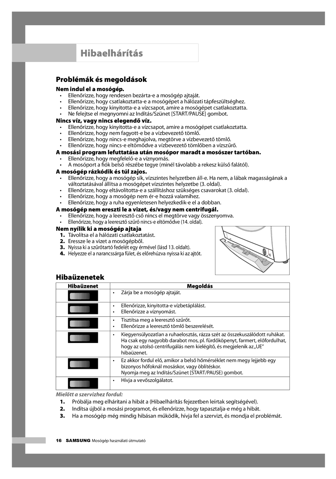 Samsung H1255AGS/XEH, H1255AGS/XEG manual Hibaelhárítás, Problémák és megoldások, Hibaüzenetek, Mielőtt a szervizhez fordul 