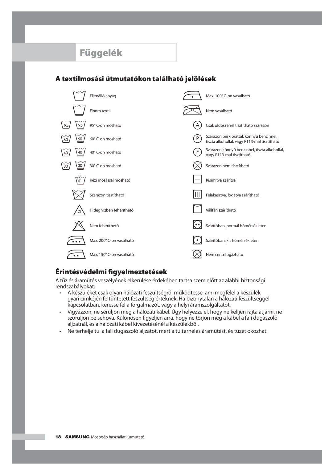 Samsung H1255AGS/XEH, H1255AGS/XEG Függelék, Textilmosási útmutatókon található jelölések, Érintésvédelmi ﬁgyelmeztetések 