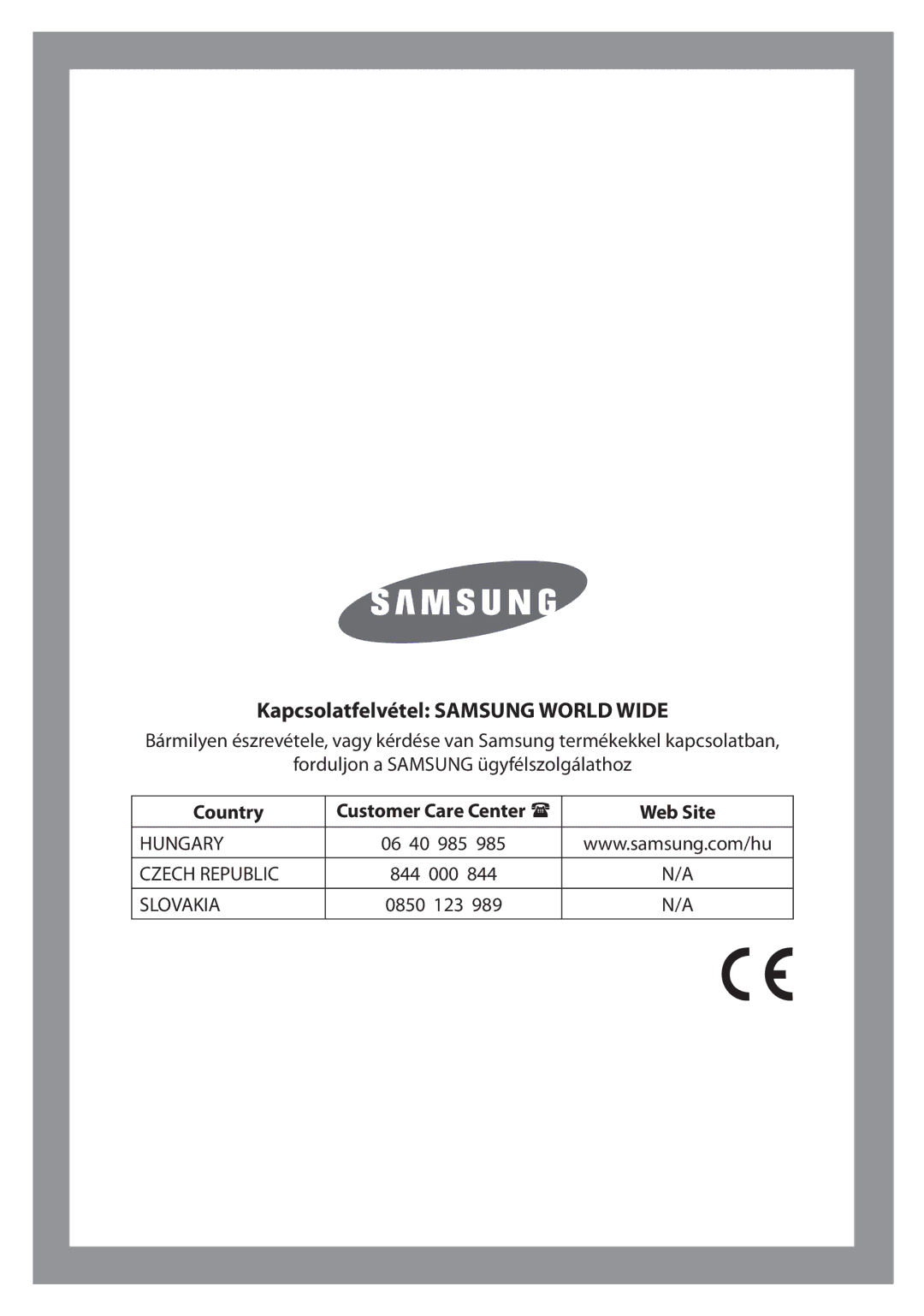 Samsung H1255AGS/XEH, H1255AGS/XEG manual Kapcsolatfelvétel Samsung World Wide 