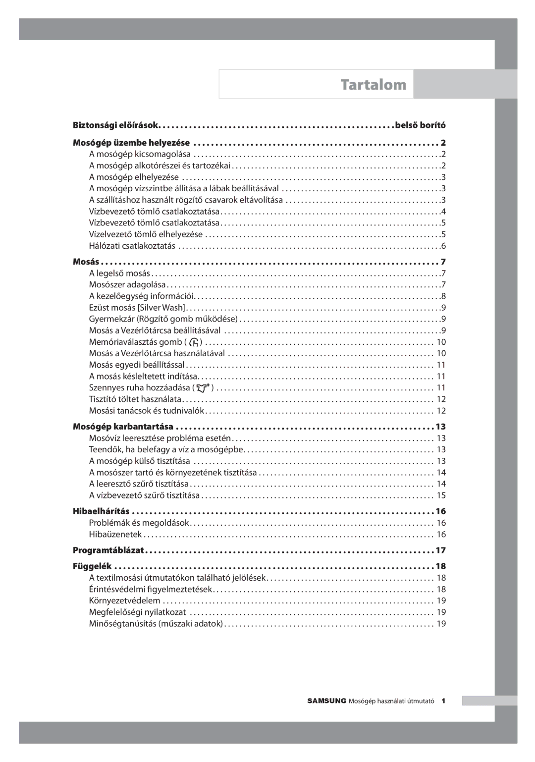 Samsung H1255AGS/XEG, H1255AGS/XEH manual Tartalom, Programtáblázat 