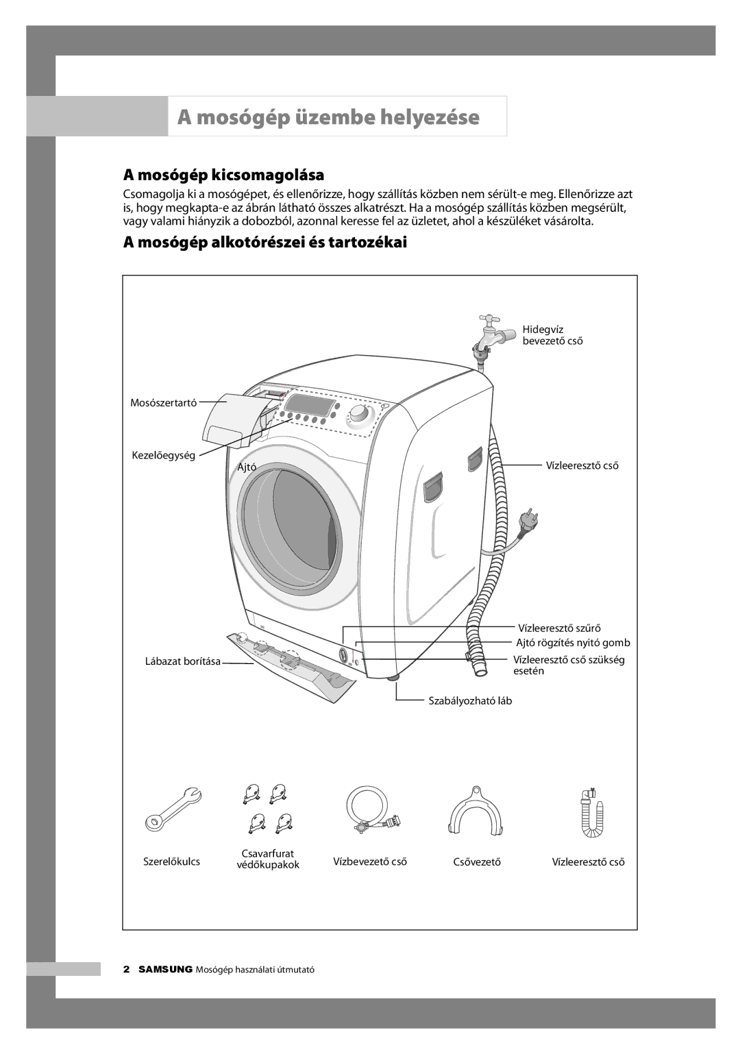 Samsung H1255AGS/XEH, H1255AGS/XEG manual Mosógép üzembe helyezése, Mosógép alkotórészei és tartozékai 