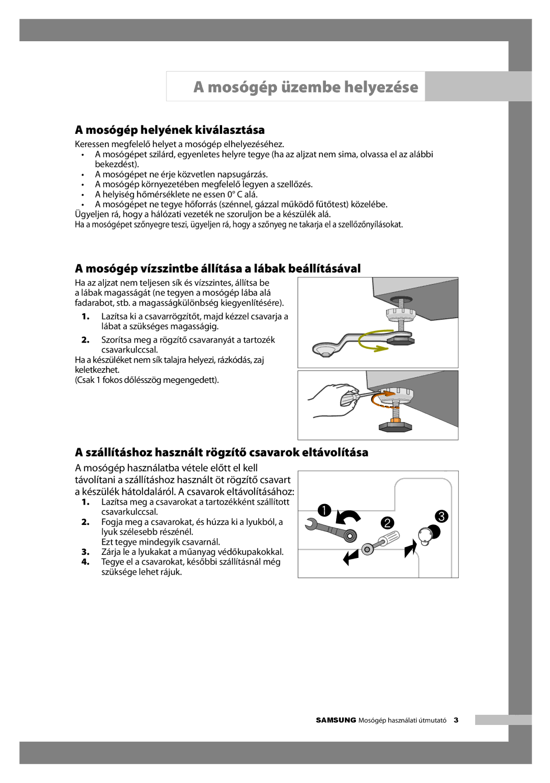 Samsung H1255AGS/XEG, H1255AGS/XEH manual Mosógép helyének kiválasztása, Mosógép vízszintbe állítása a lábak beállításával 