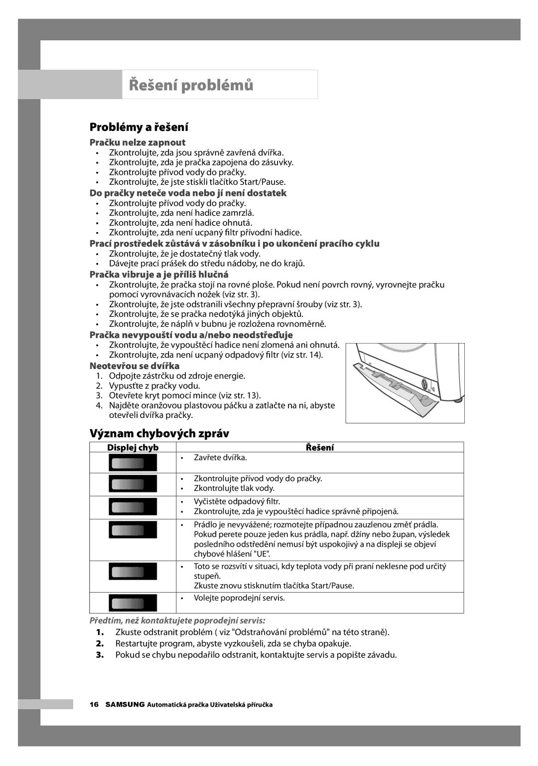 Samsung H1255AGS/XEH manual Řešení problémů, Problémy a řešení, Význam chybových zpráv, Displej chyb 