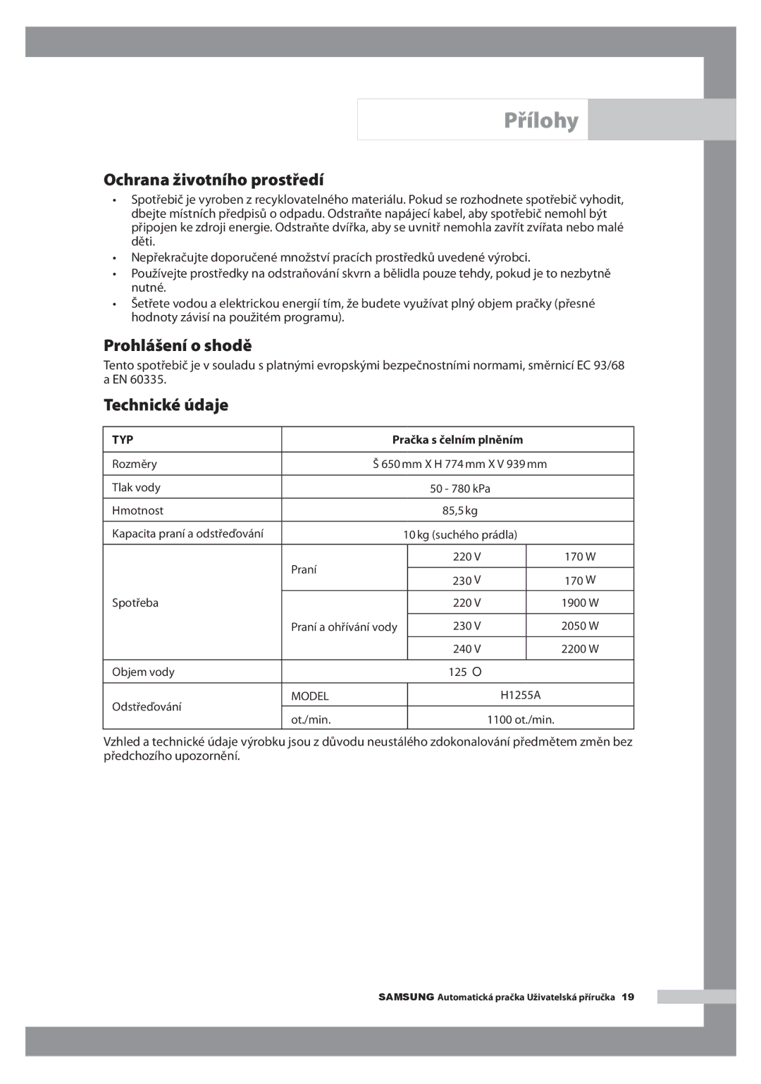 Samsung H1255AGS/XEH manual Ochrana životního prostředí, Prohlášení o shodě, Technické údaje 