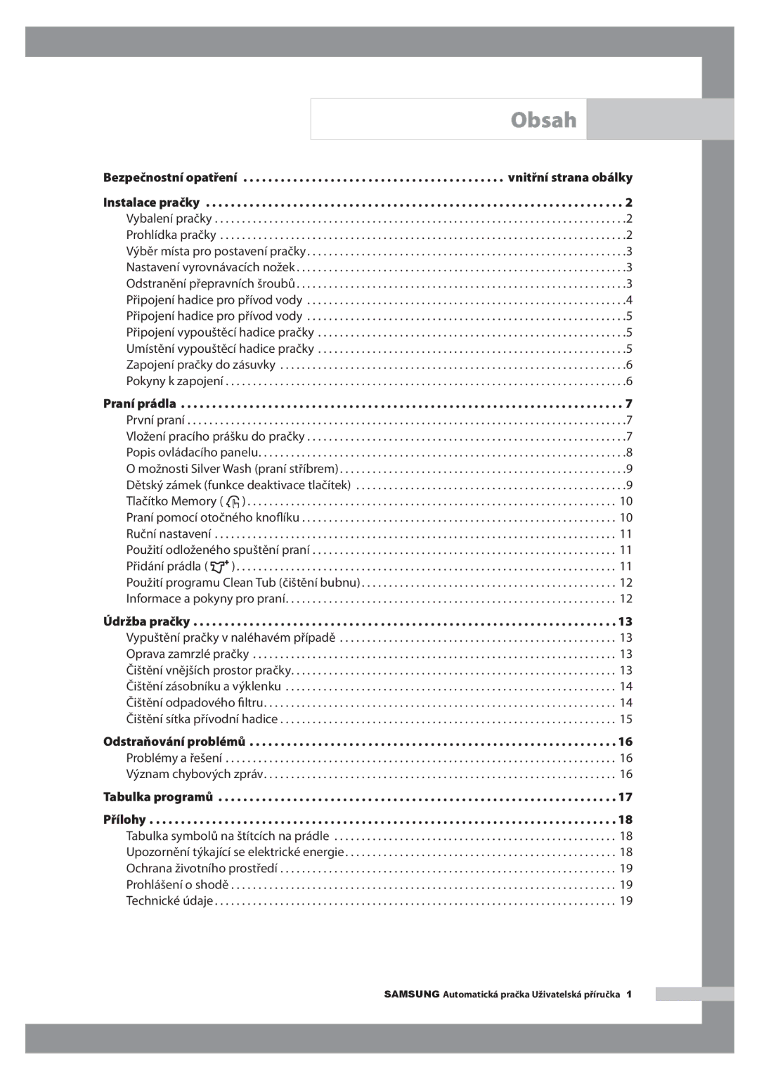 Samsung H1255AGS/XEH manual Obsah, Tabulka programů 