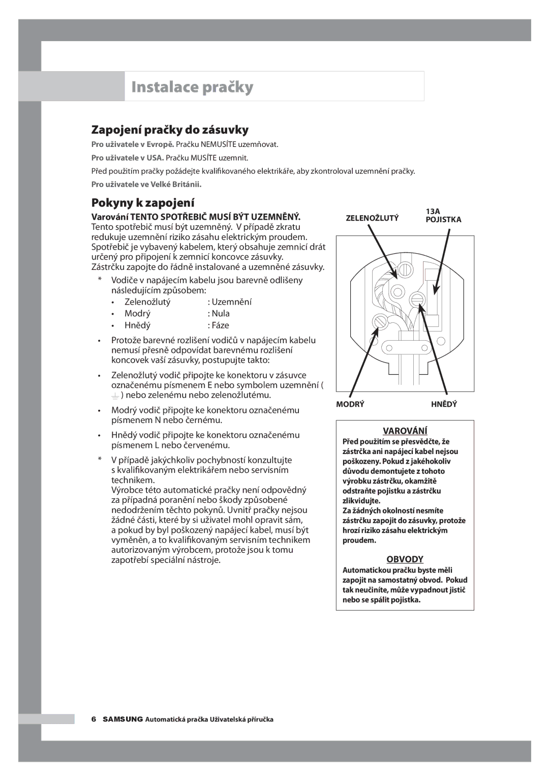 Samsung H1255AGS/XEH manual Zapojení pračky do zásuvky, Pokyny k zapojení, Varování Tento Spotřebič Musí BÝT Uzemněný 