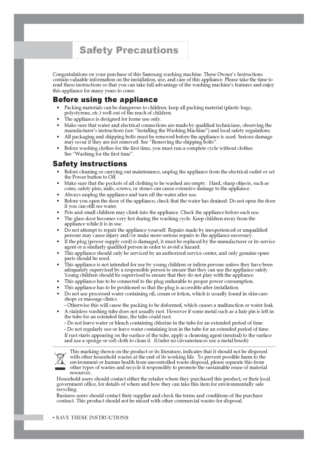 Samsung H1255AGS/YLE, H1255AGS/XEU, H1255AGS/XET manual Safety Precautions, Before using the appliance, Safety instructions 