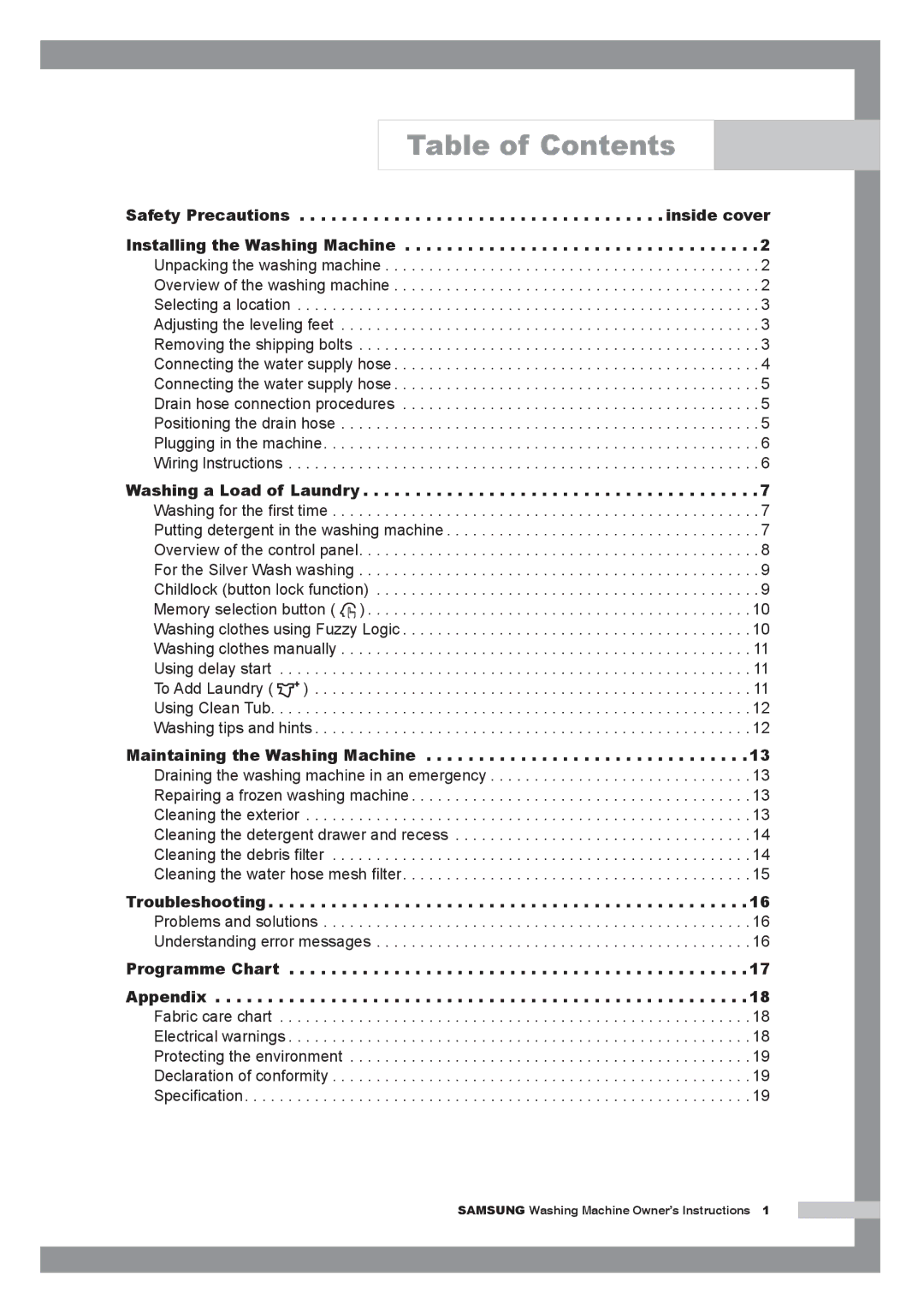 Samsung H1255AGS/XEH, H1255AGS/XEU, H1255AGS/XET, H1255AGS/YLE, H1255AGS/XEG manual Table of Contents 