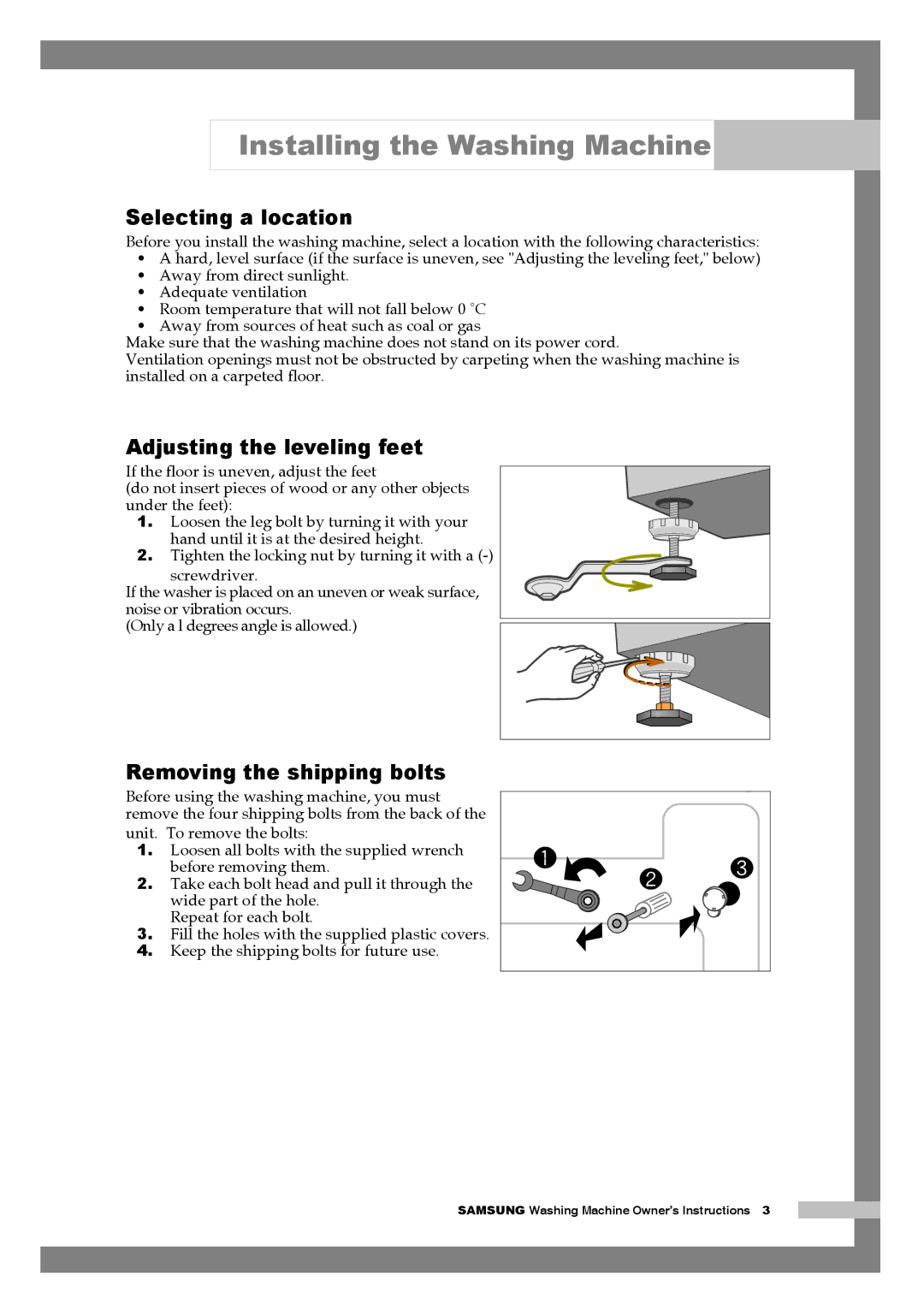 Samsung H1255AGS/XEU, H1255AGS/XET manual Selecting a location, Adjusting the leveling feet, Removing the shipping bolts 