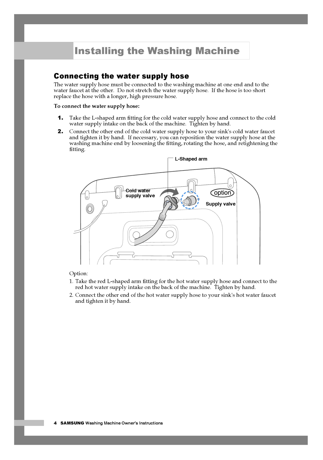 Samsung H1255AGS/XET, H1255AGS/XEU, H1255AGS/YLE manual Connecting the water supply hose, To connect the water supply hose 