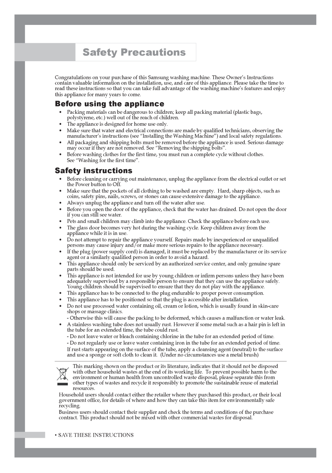 Samsung H1255AGS/YLE manual Safety Precautions, Before using the appliance, Safety instructions, Save These Instructions 