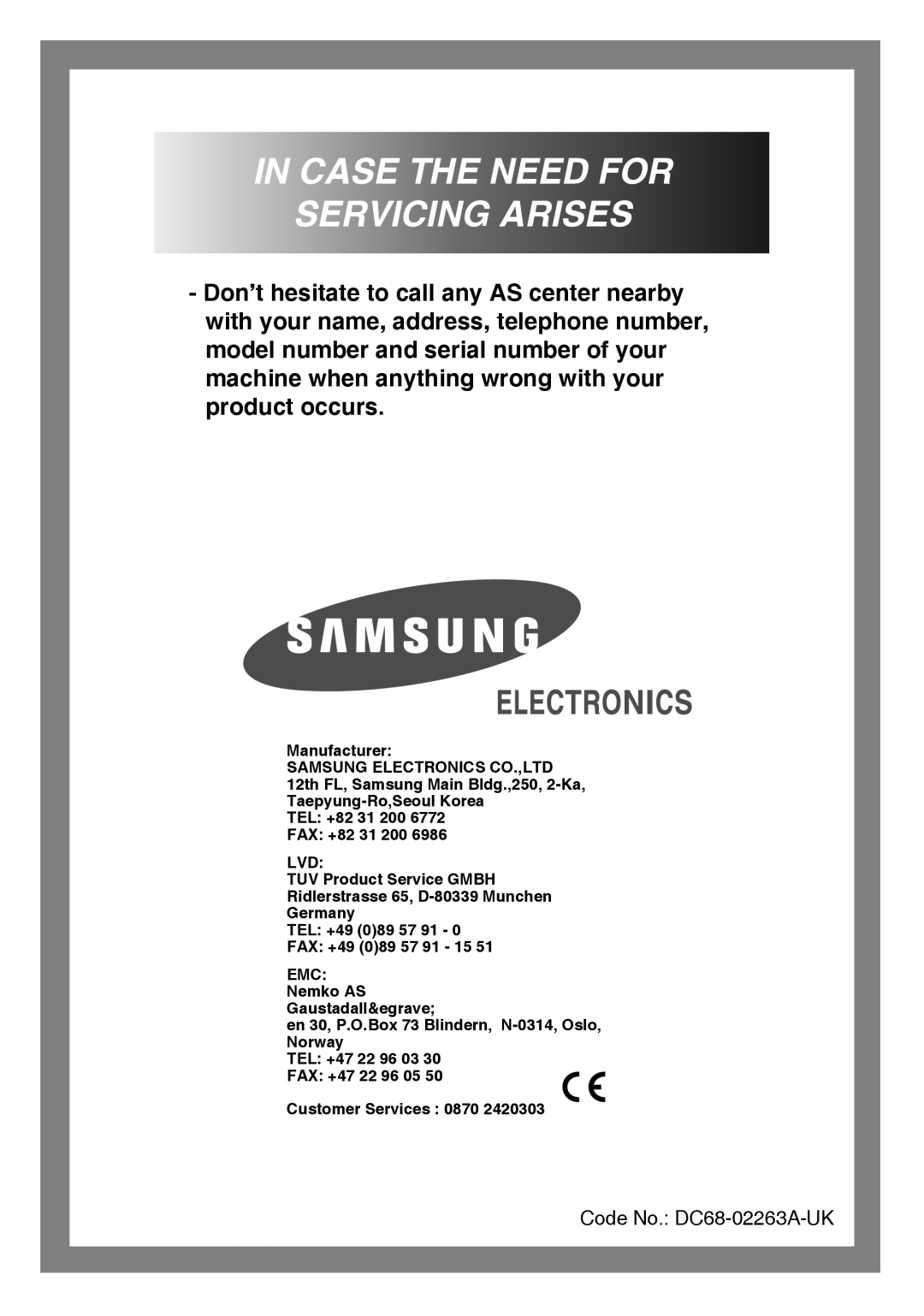 Samsung H1255AGS/XEG, H1255AGS/XEU, H1255AGS/XET manual In Case The Need For Servicing Arises, Code No. DC68-02263A-UK 