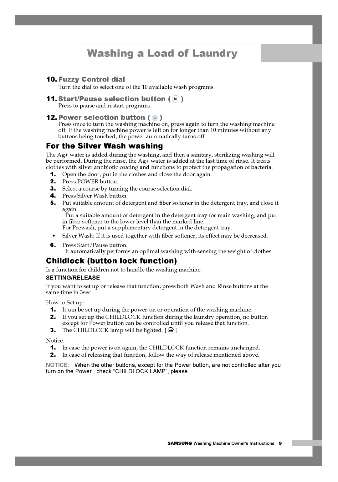 Samsung H1255AGS/XEH, H1255AGS/XEU, H1255AGS/YLE manual For the Silver Wash washing, Childlock button lock function 