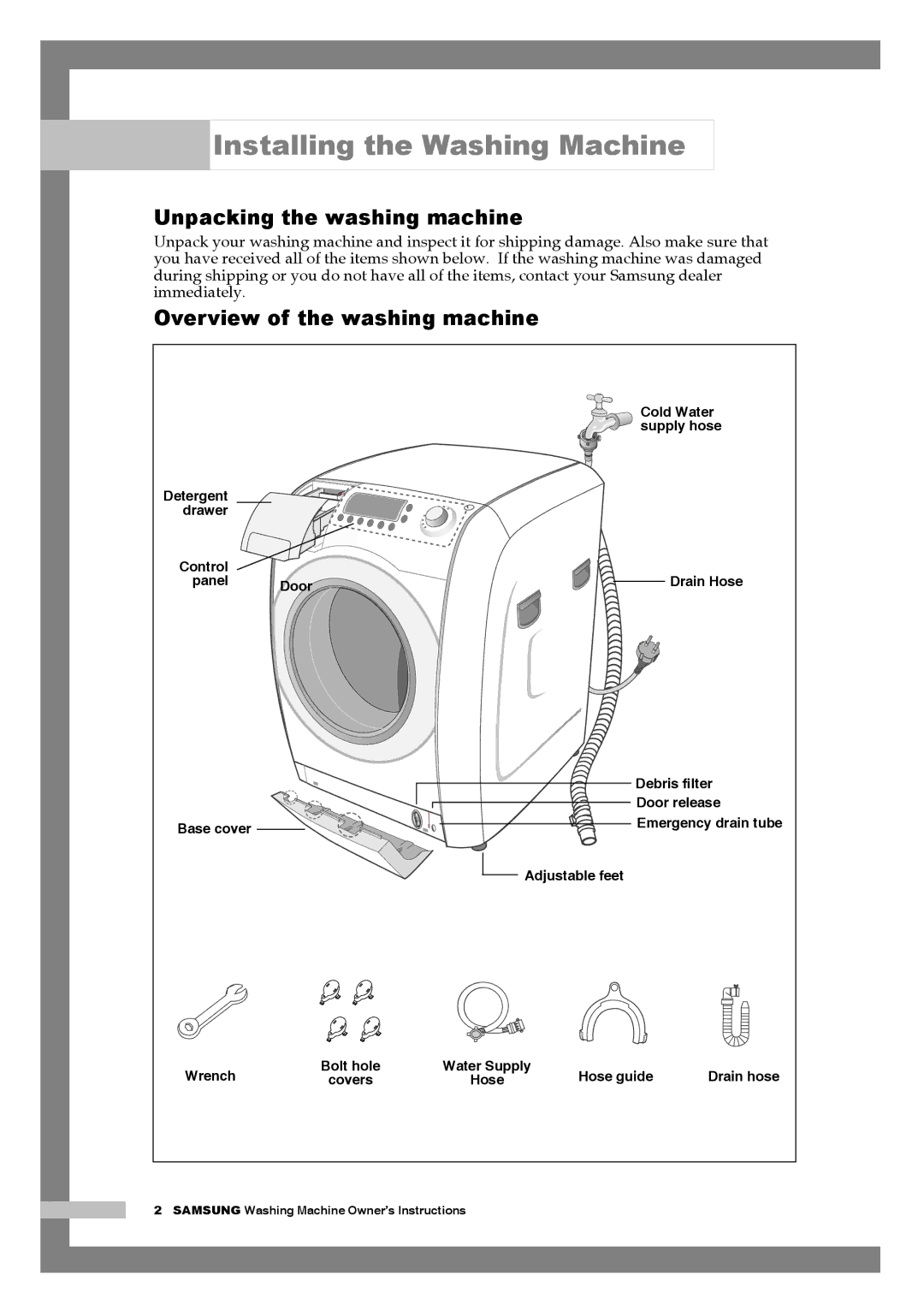 Samsung H1255AGS/YLE manual Installing the Washing Machine, Unpacking the washing machine, Overview of the washing machine 