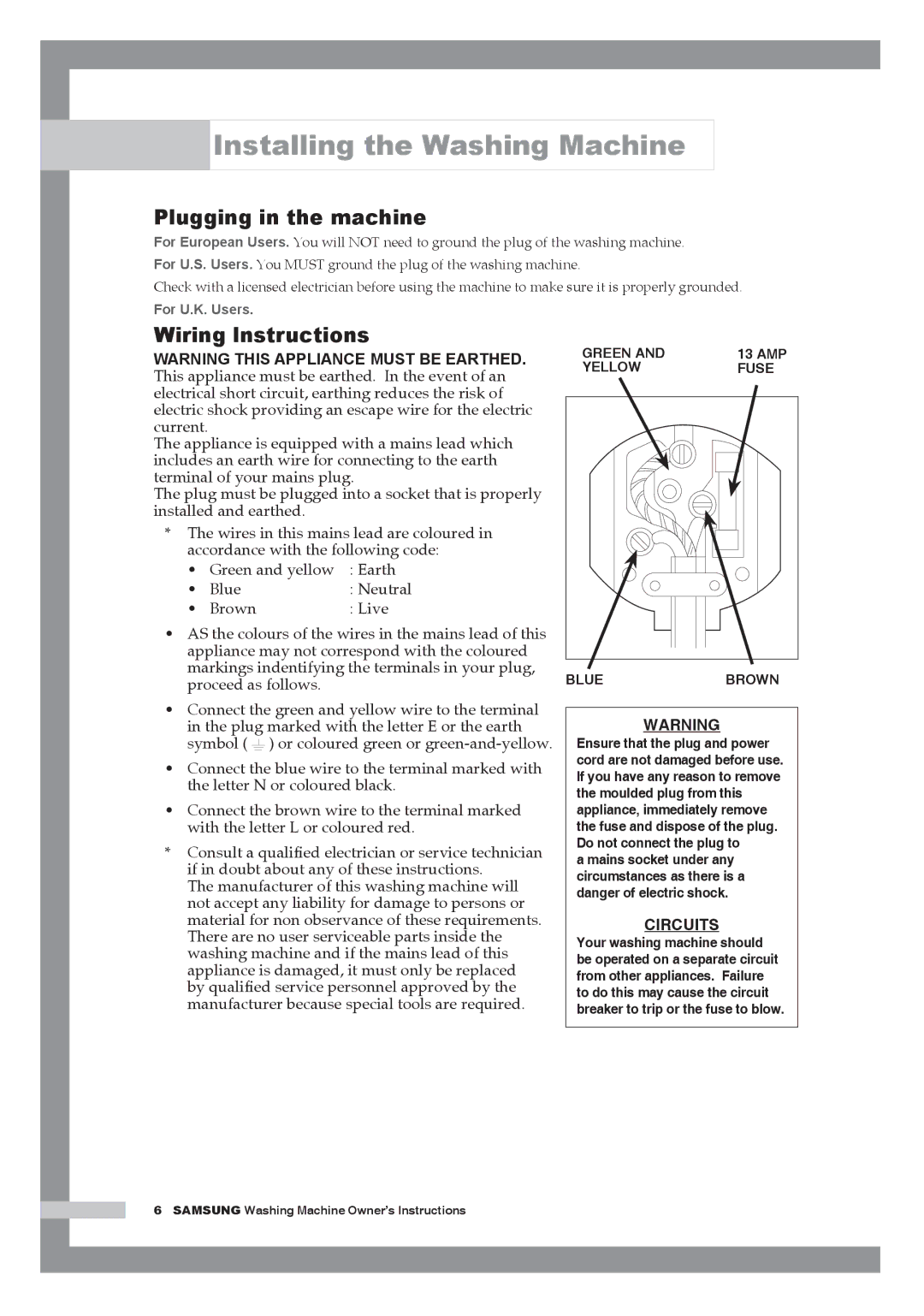 Samsung H1255AGS/XEH, H1255AGS/XEU, H1255AGS/YLE manual Plugging in the machine, Wiring lnstructions 