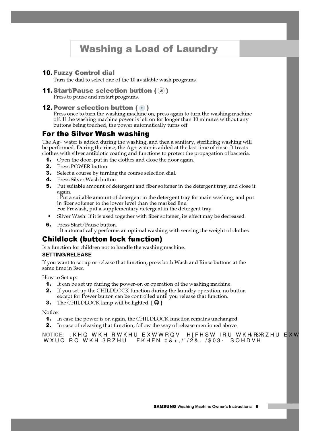 Samsung H1255AGS/XEG, H1255AGS/YLE, H1255AGS/XEH manual For the Silver Wash washing, Childlock button lock function 