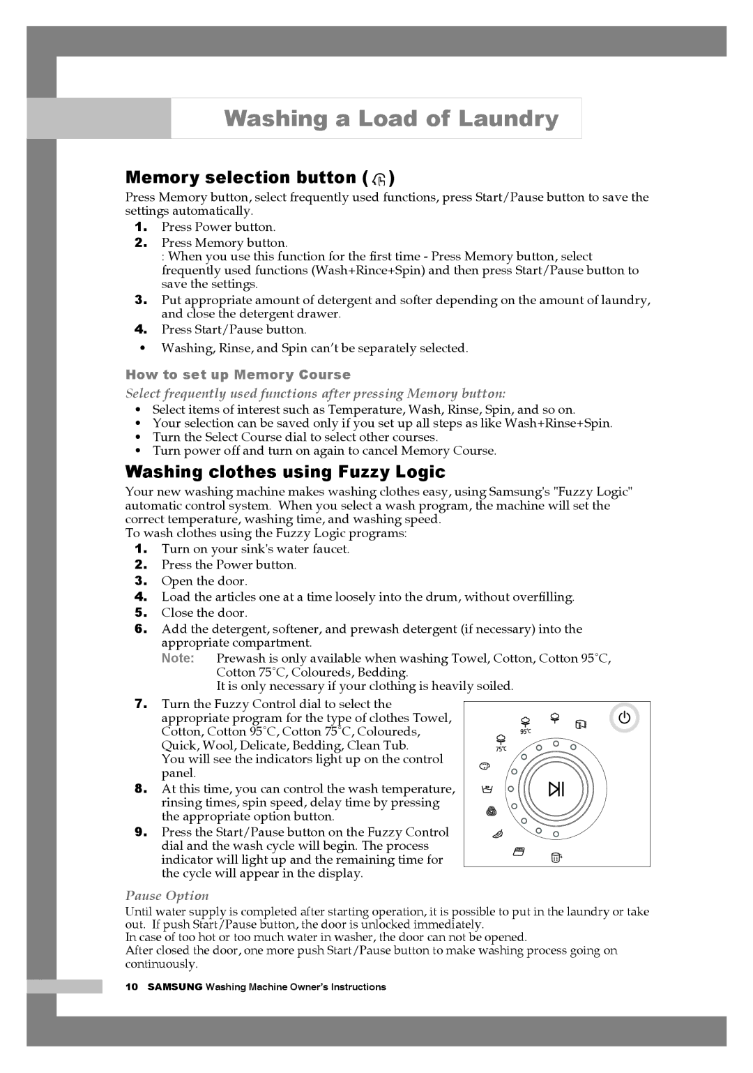 Samsung H1255AGS/YLE, H1255AGS/XEH, H1255AGS/XEG manual Memory selection button, Washing clothes using Fuzzy Logic 