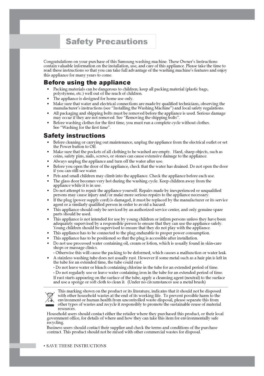 Samsung H1255AGS/XEG, H1255AGS/YLE, H1255AGS/XEH manual Safety Precautions, Before using the appliance, Safety instructions 