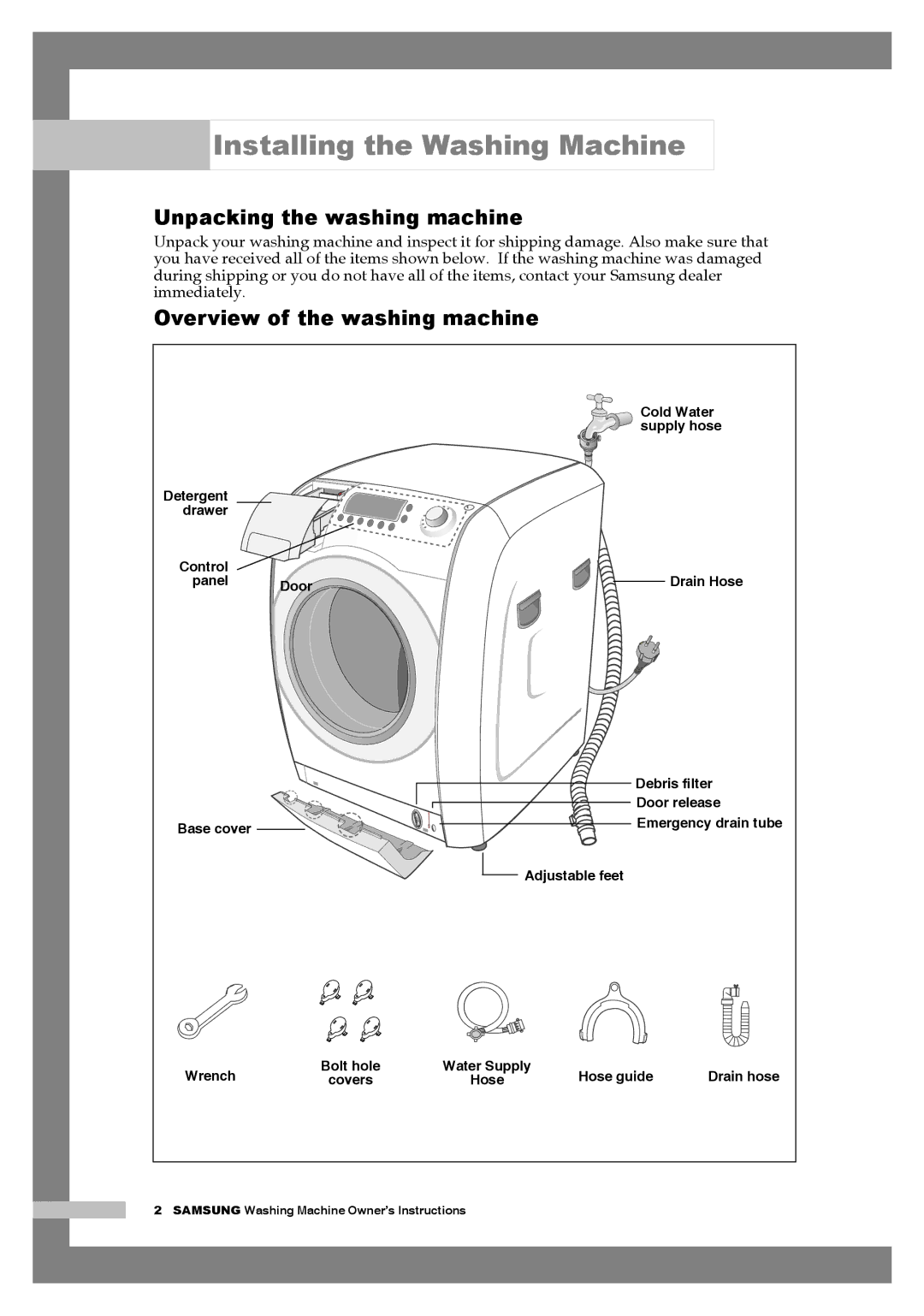 Samsung H1255AGS/XEH manual Installing the Washing Machine, Unpacking the washing machine, Overview of the washing machine 