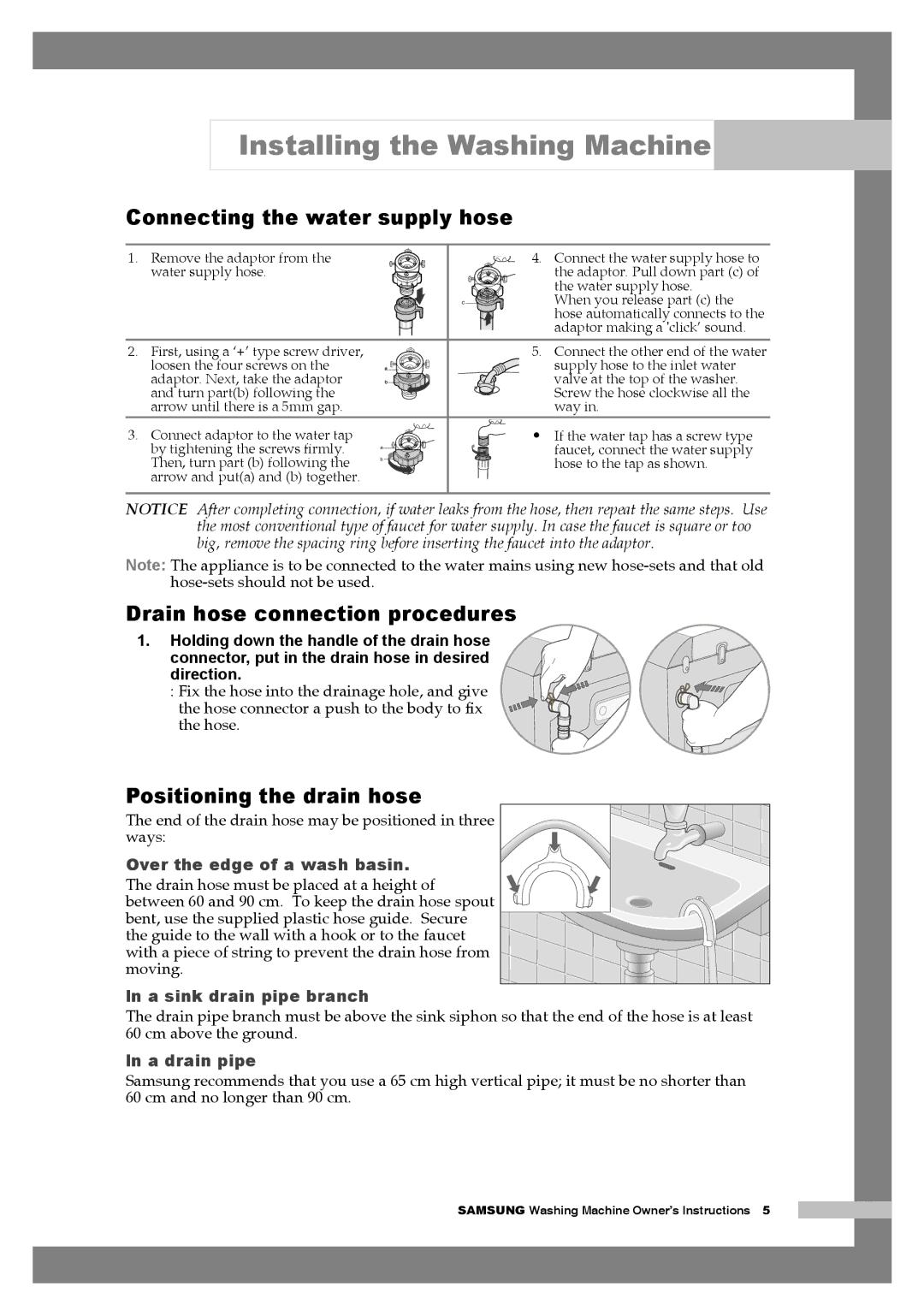 Samsung H1255AGS/XEH, H1255AGS/YLE, H1255AGS/XEG manual Drain hose connection procedures, Positioning the drain hose 