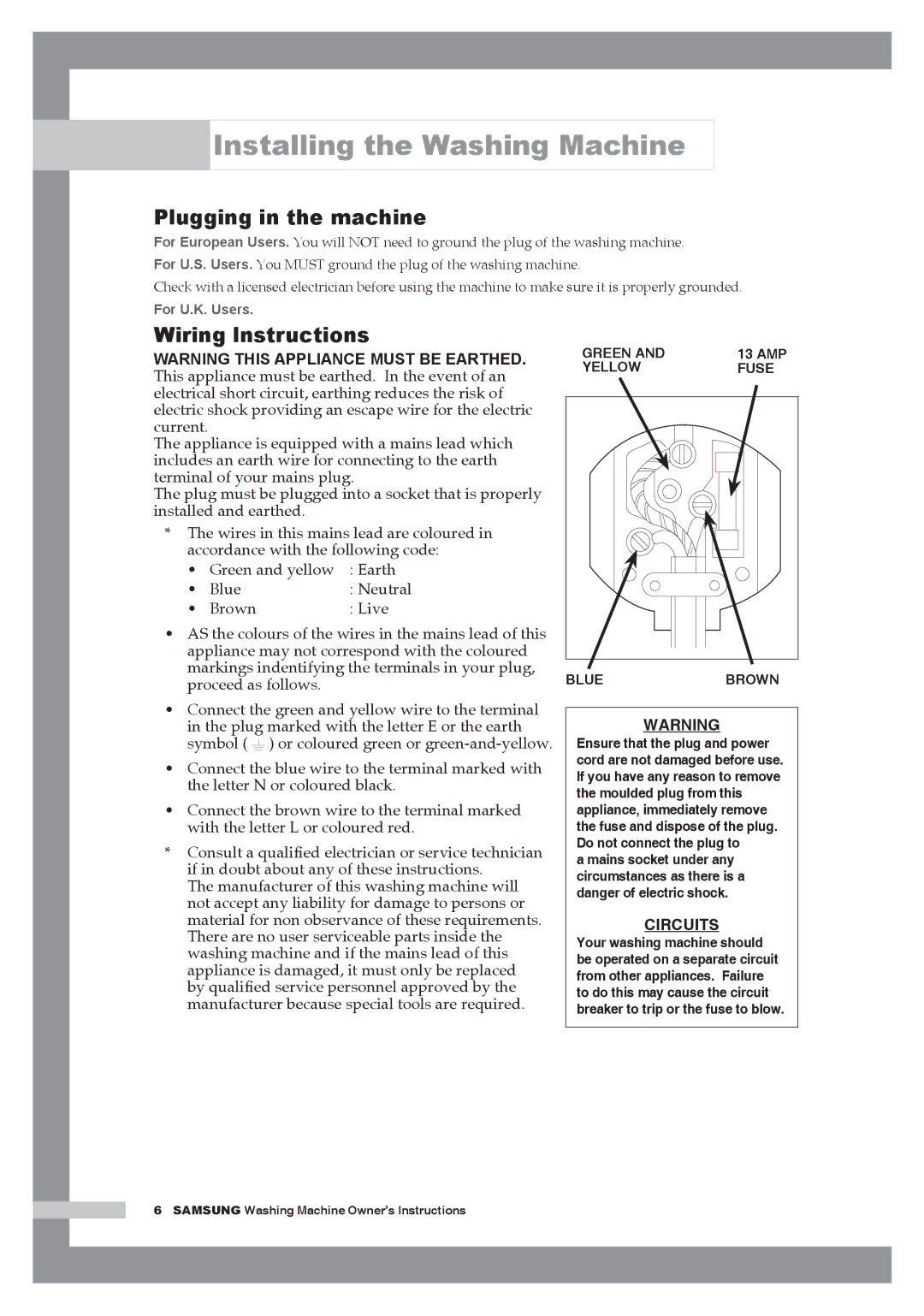 Samsung H1255AGS/XEG, H1255AGS/YLE, H1255AGS/XEH manual Plugging in the machine, Wiring lnstructions 