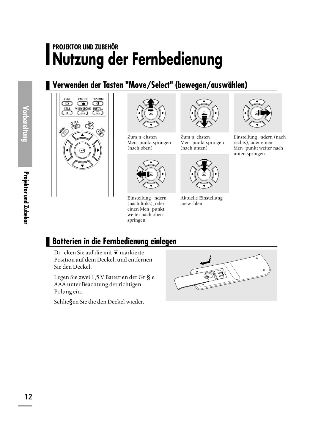 Samsung H710, H500 manual Nutzung der Fernbedienung, Verwenden der Tasten Move/Select bewegen/auswählen 