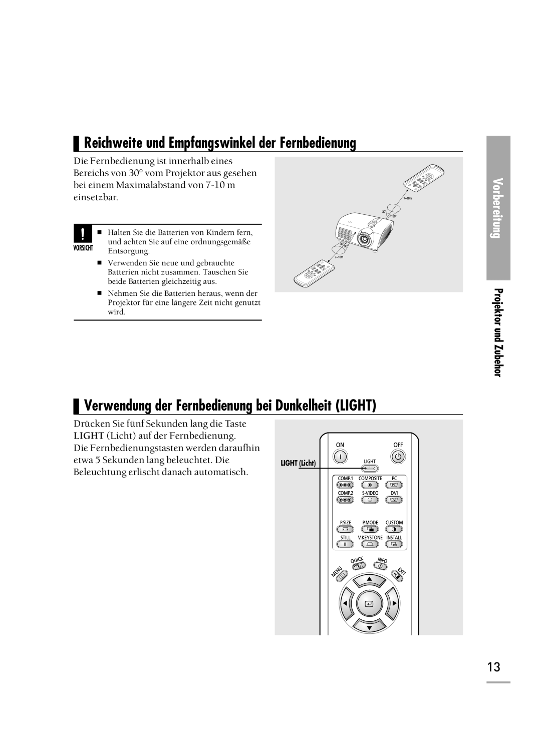 Samsung H500, H710 manual Reichweite und Empfangswinkel der Fernbedienung, Verwendung der Fernbedienung bei Dunkelheit Light 