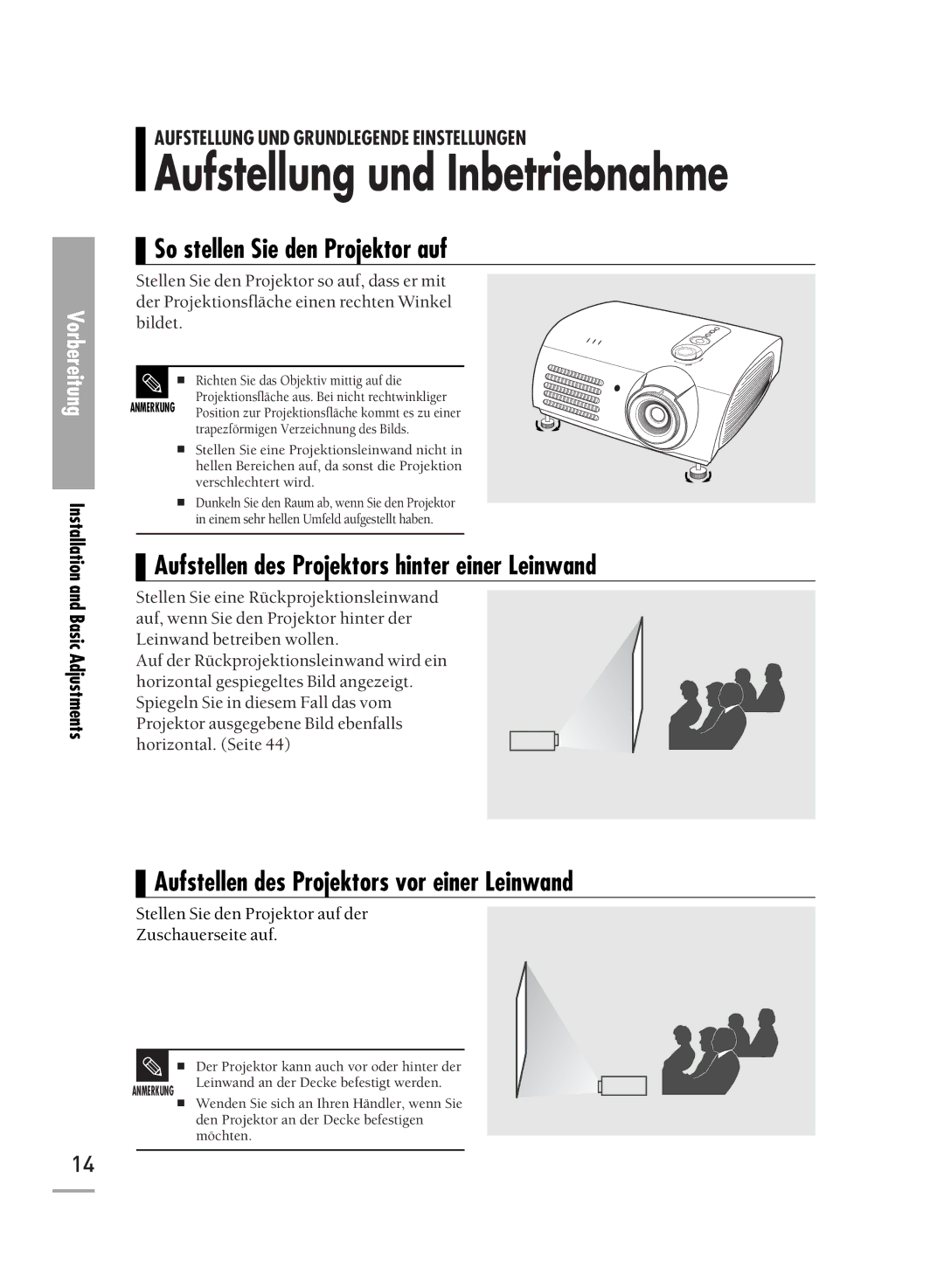 Samsung H710, H500 Aufstellung und Inbetriebnahme, So stellen Sie den Projektor auf, Installation and Basic Adjustments 